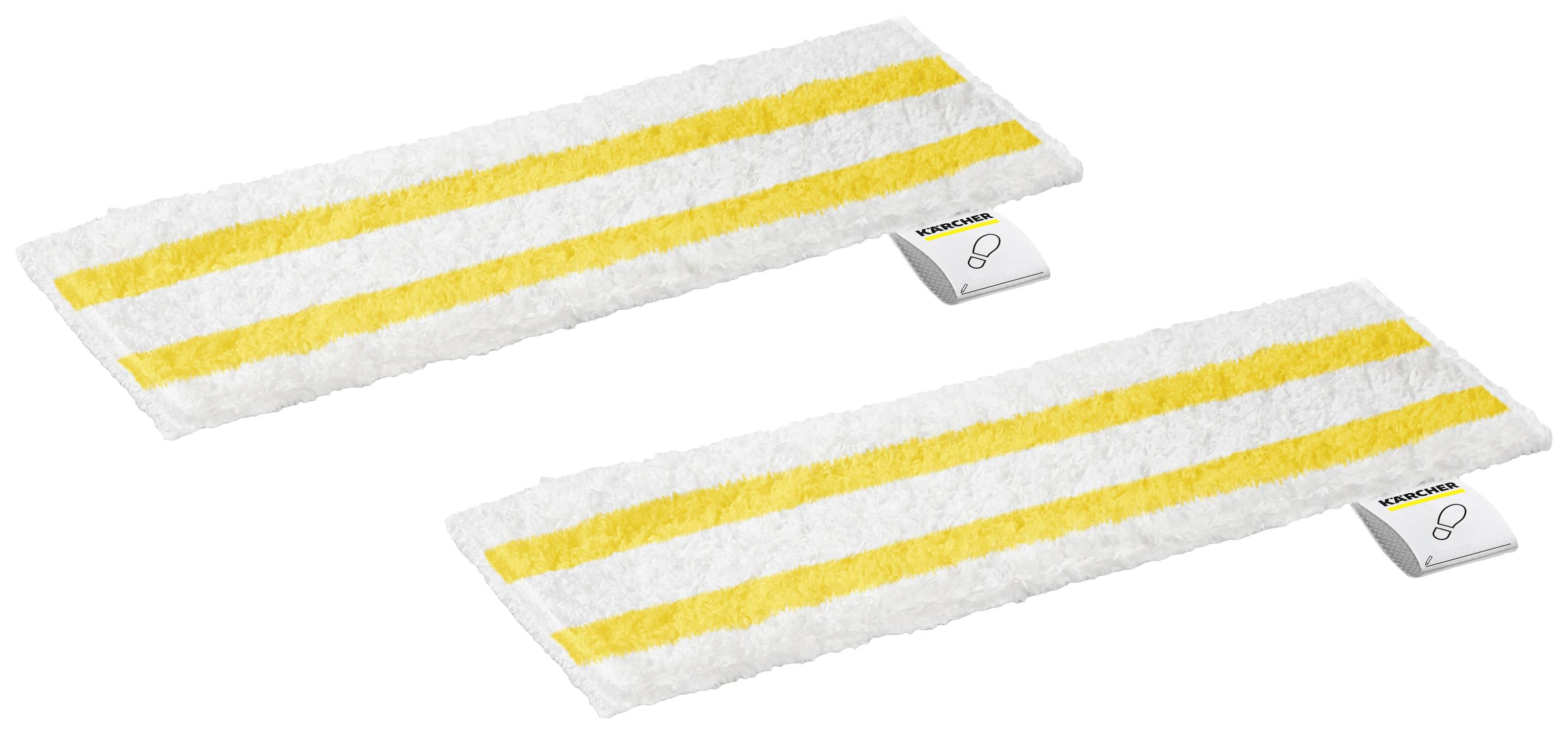 Zwei rechteckige, weiße Reinigungstücher mit gelben Streifen, auf einer flachen Oberfläche liegend.