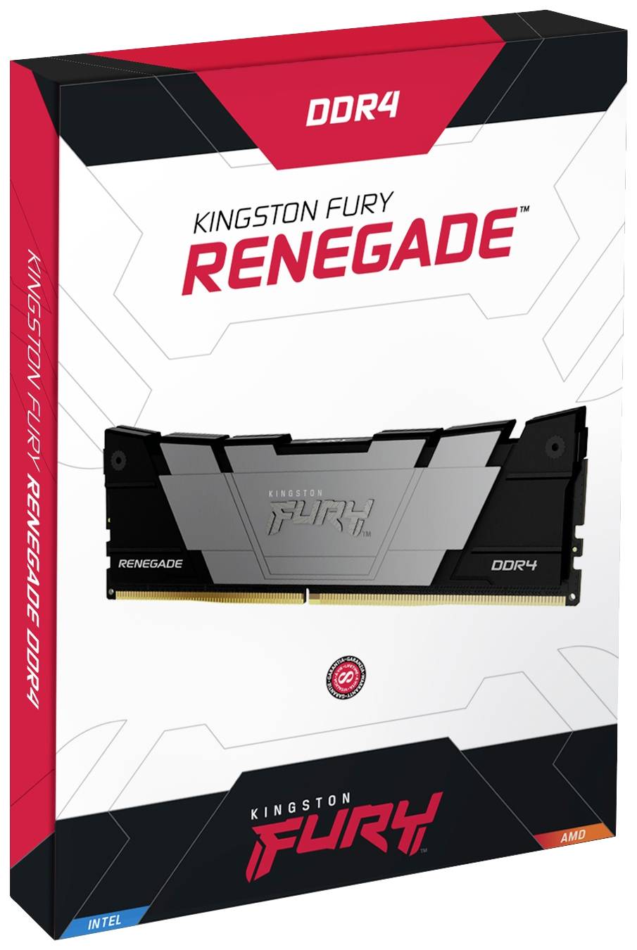 'Kingston Fury Renegade DDR4' RAM-Modul-Verpackung, silbernes und schwarzes Design, richtet sich an High-Performance-Computing.