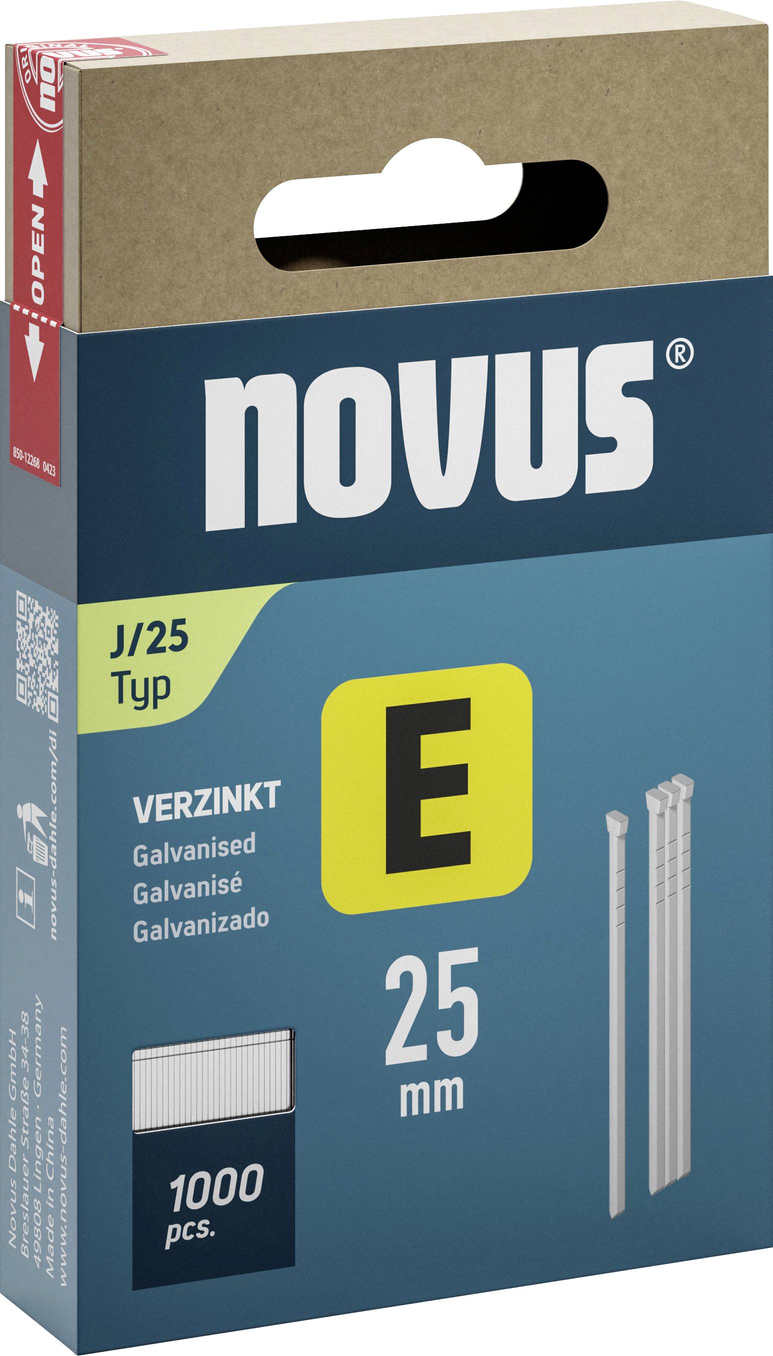 Verpackung von Novus Typ J/25 verzinkte Klammern, 1000 Stück, 25 mm Größe.