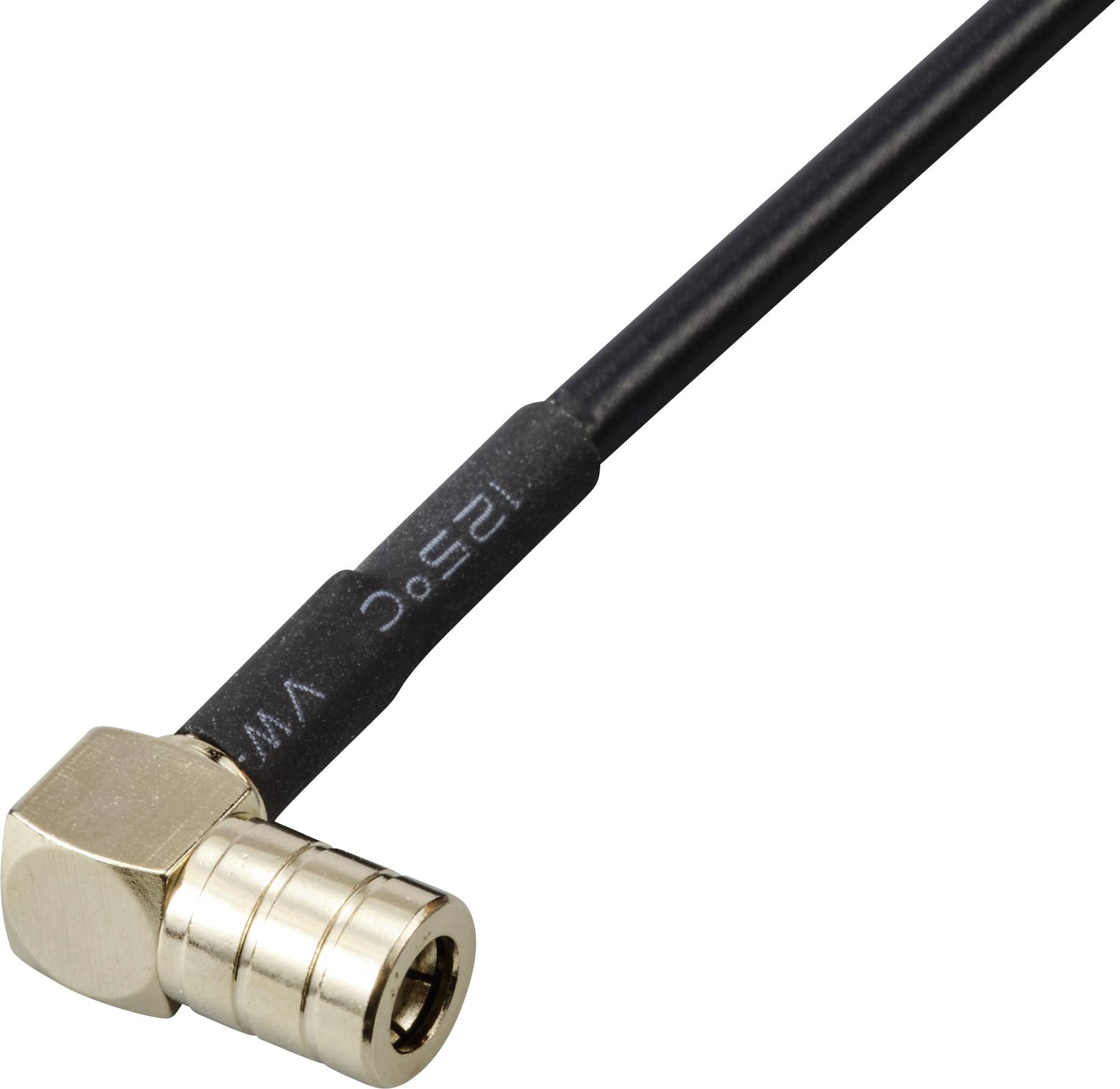 Ein Koaxialkabel mit rechtwinkligem Steckverbinder. Das Kabel ist schwarz und der Anschluss ist metallisch glänzend.