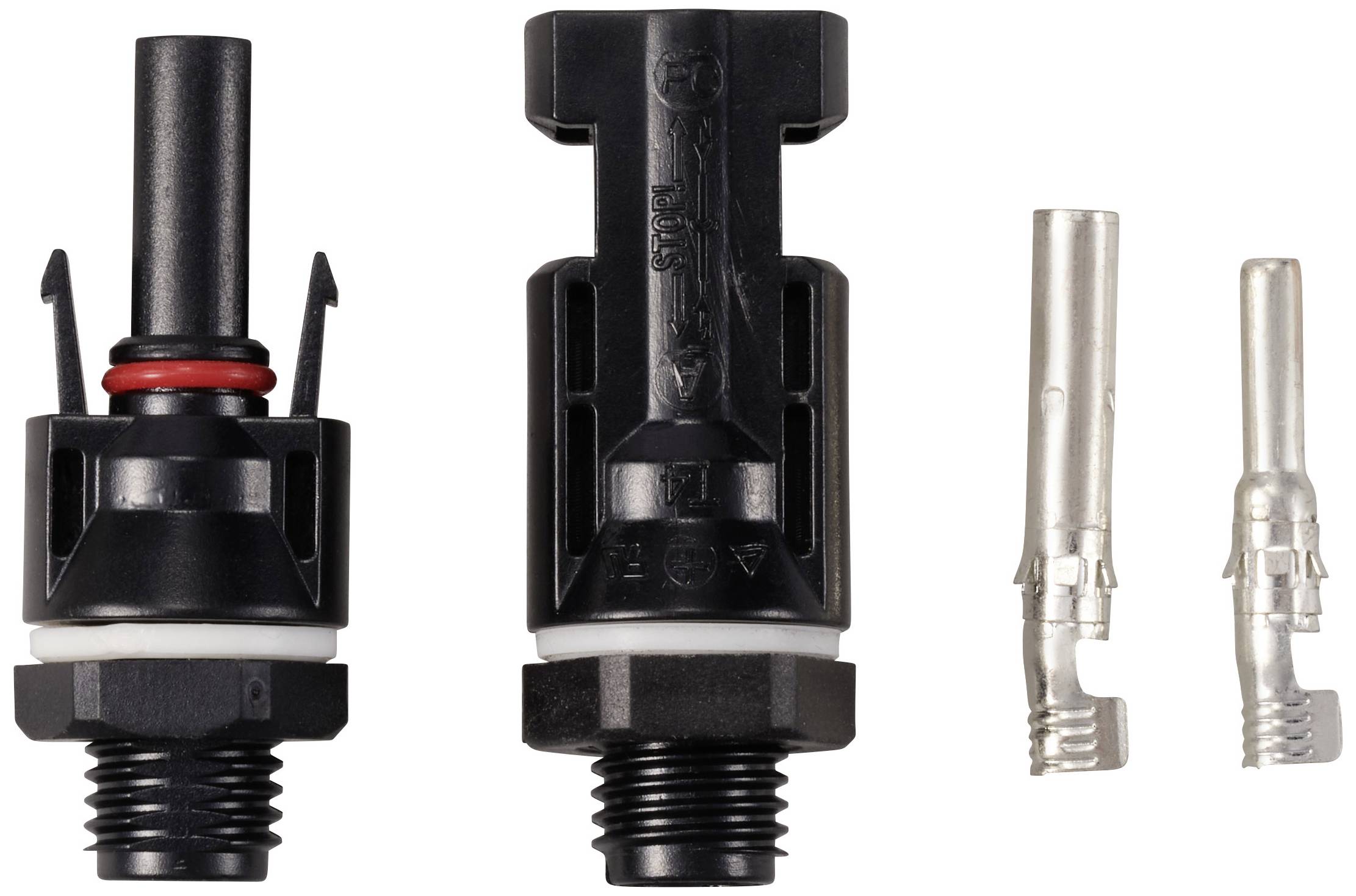 Zwei schwarze Steckverbinder und zwei metallische Kontakte für Solarmodule. Die Steckverbinder haben Dichtungen und Gewinde.