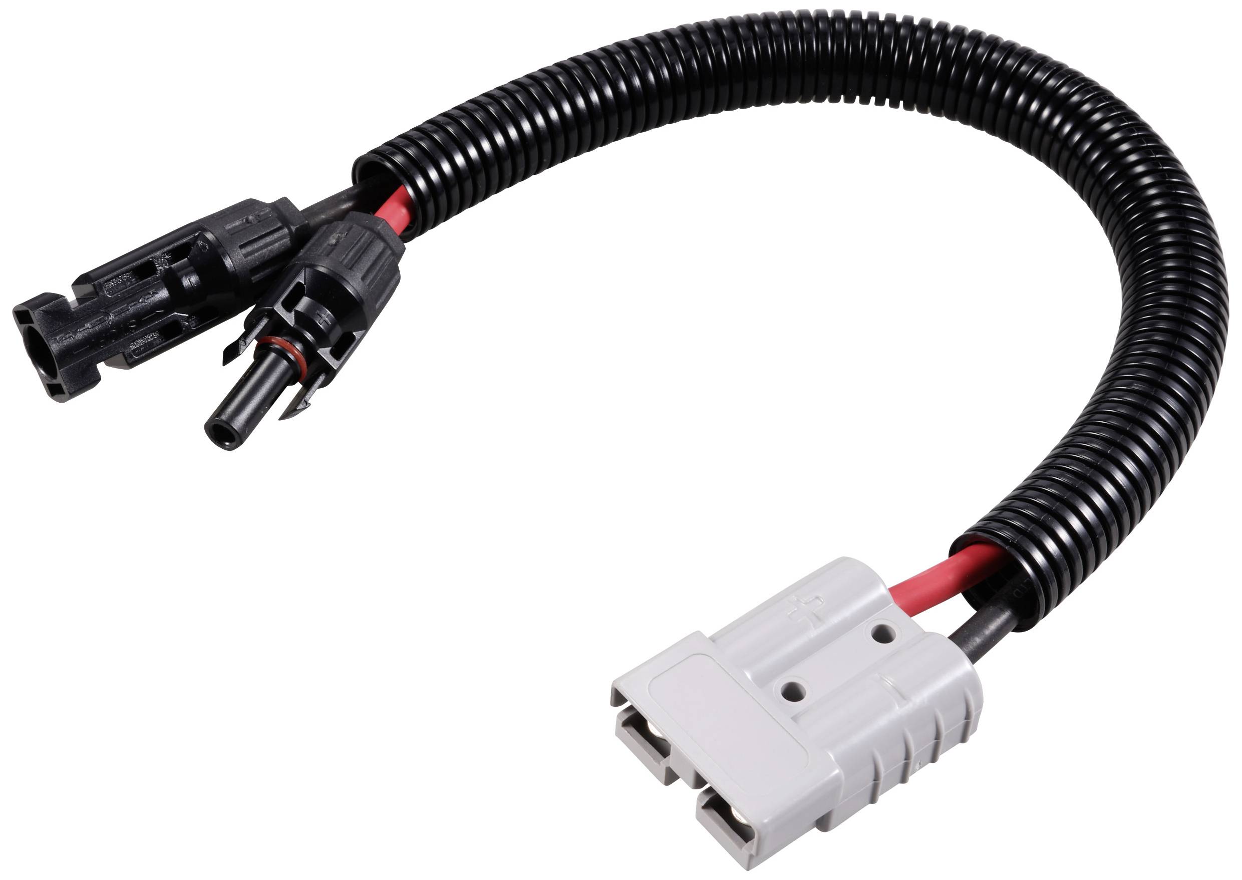 Ein schwarzes, gewundenes Kabel mit einem roten und schwarzen Anschluss auf der einen Seite und einem grauen Stecker auf der anderen Seite.
