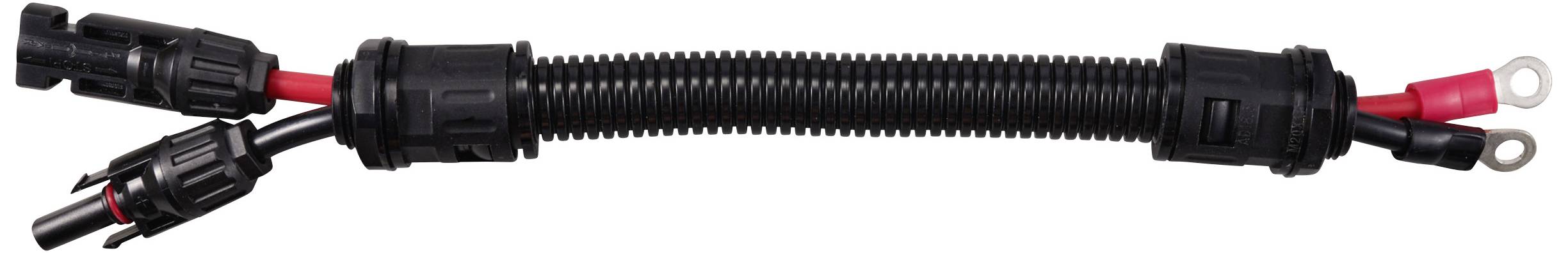 Schwarzes Solarkabel mit Steckverbindungen an beiden Enden, geeignet für die Verbindung von Solarmodulen zur Energieübertragung.