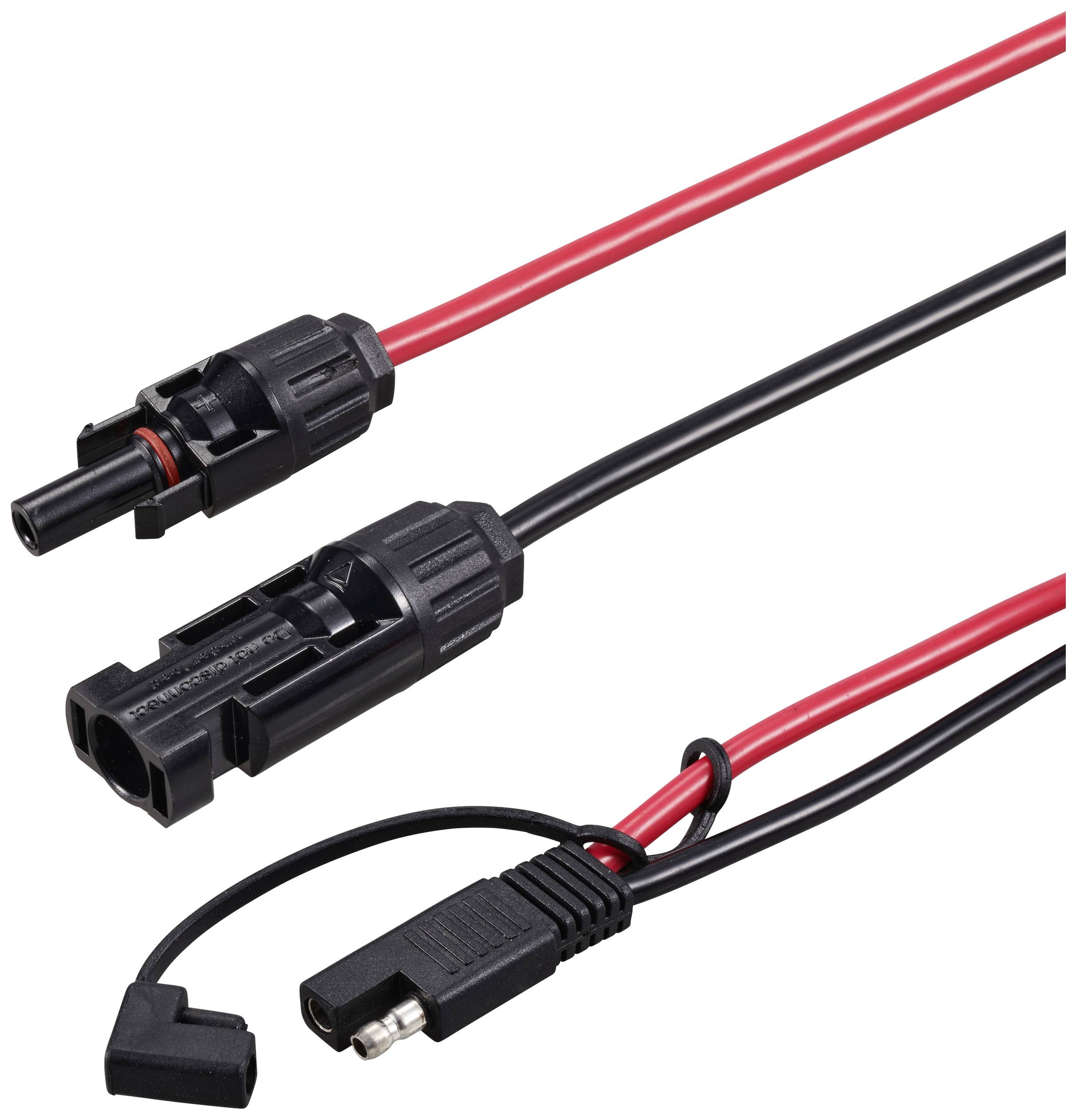 Zwei Kabel mit Steckverbindern: Einer hat runde Anschlüsse und der andere flache Anschlüsse. Beide sind rot und schwarz.