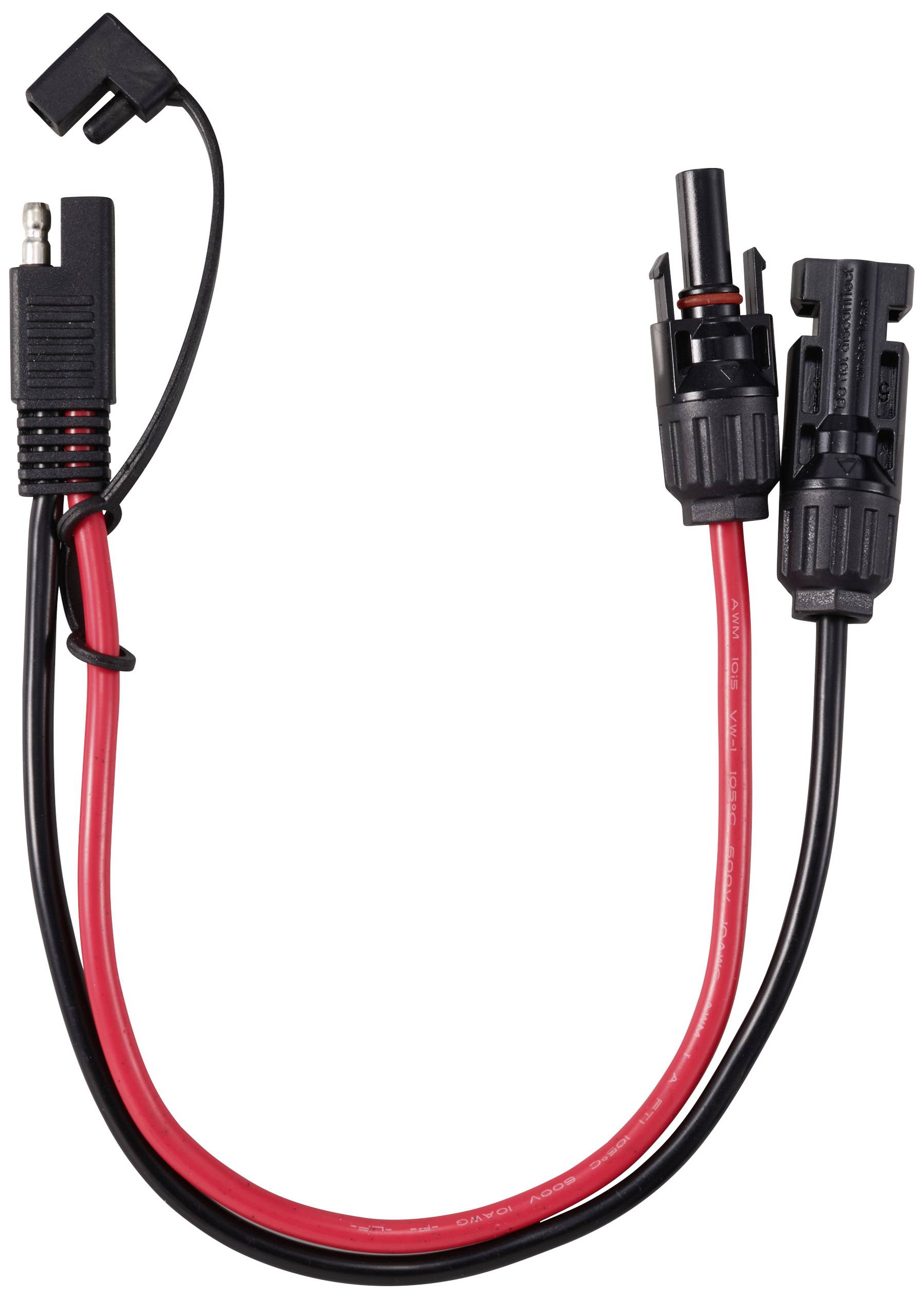 Schwarzes und rotes Solarkabel mit MC4-Steckern und einem Adapter, geeignet für den Anschluss von Solarmodulen an Laderegler.