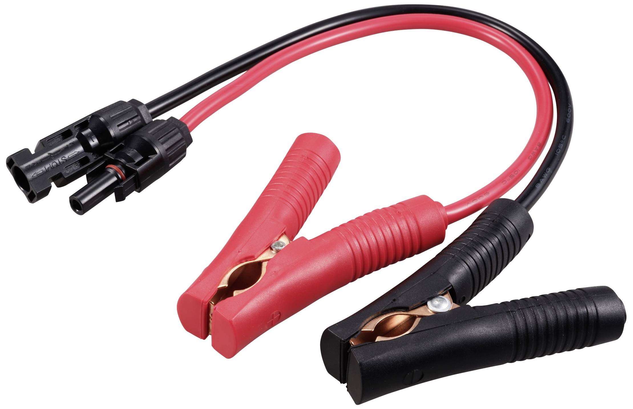 Rote und schwarze Autobatteriekabel mit Krokodilklemmen, verbunden durch ein kurzes, isoliertes Kabel zur Starthilfe.