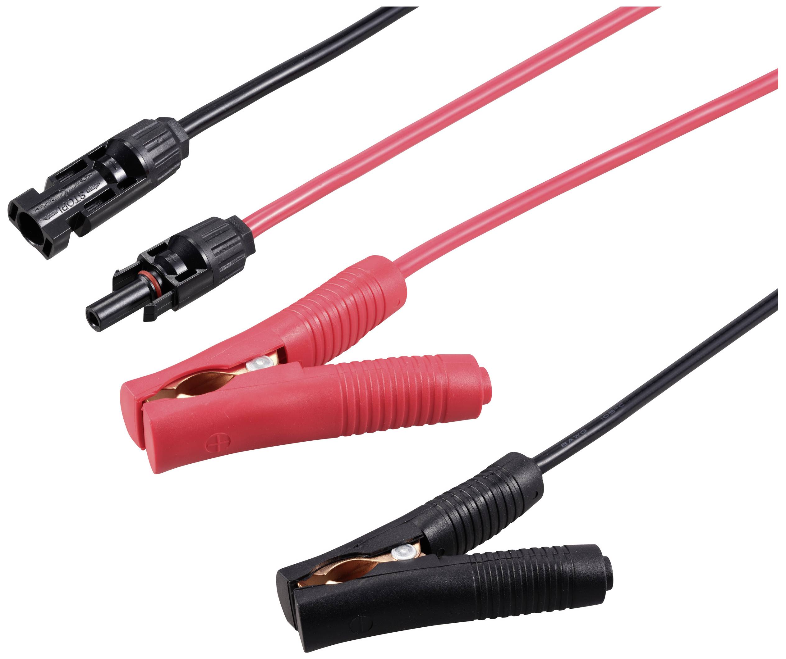 Zwei Kabel mit Krokodilklemmen, rot für Pluspol und schwarz für Minuspol, zur Verbindung von Elektrogeräten oder Batterien geeignet.