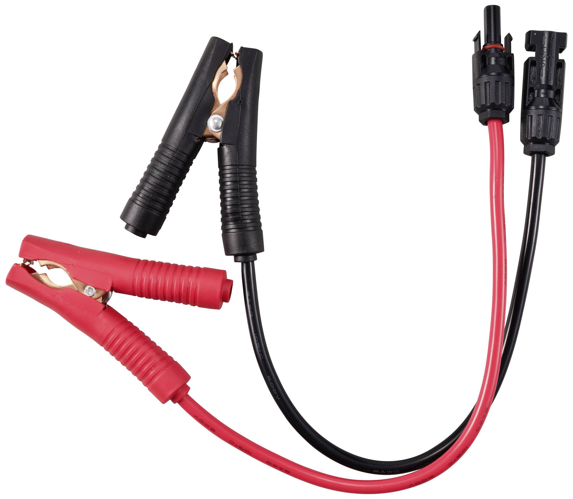 Überbrückungskabel mit schwarzer und roter Klemme, verwendet zur Verbindung von Fahrzeugbatterien für eine Starthilfe.