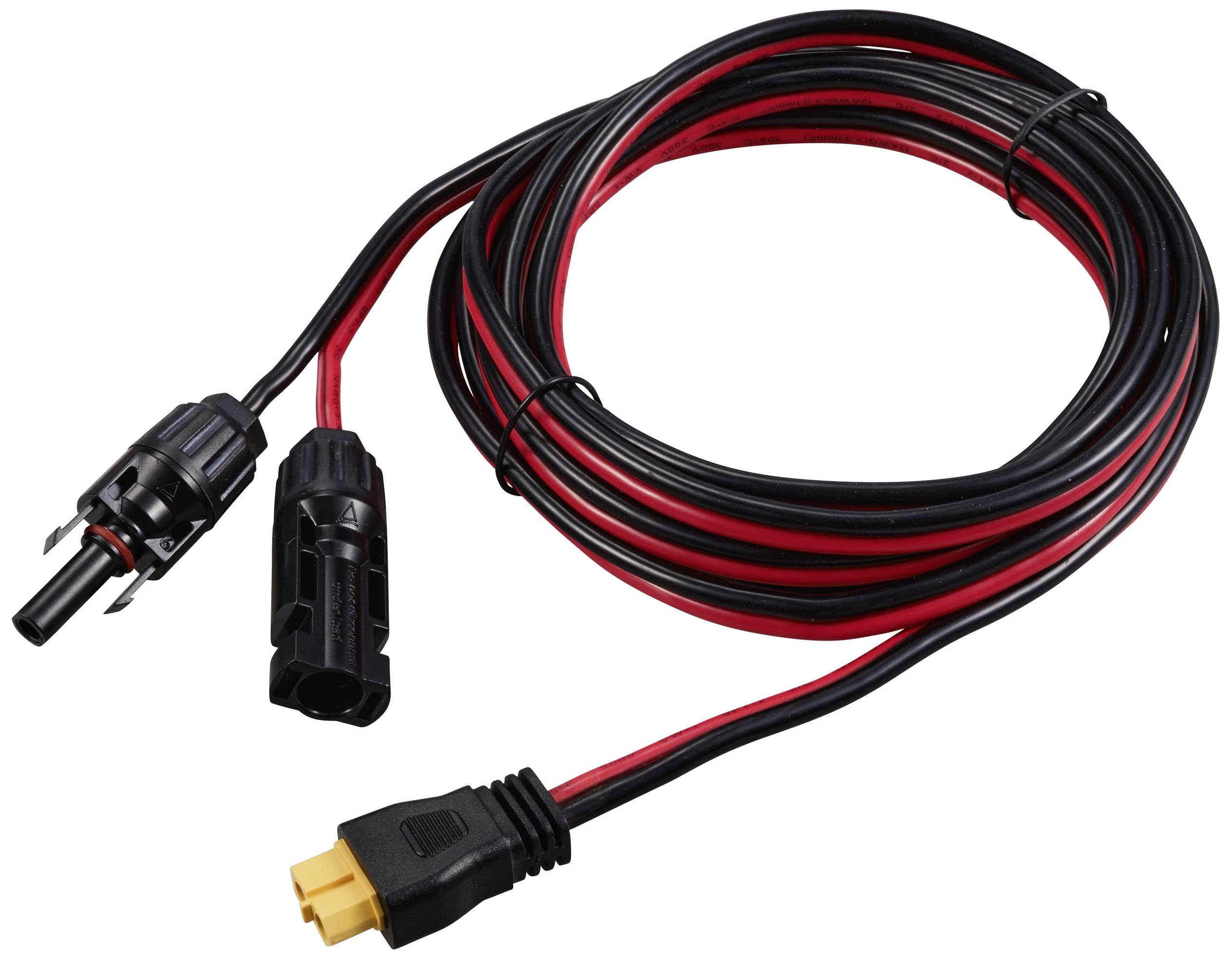 Kabel mit roten und schwarzen Drähten und Steckverbindern an beiden Enden, geeignet für Stromanschlüsse in elektrischen Geräten.