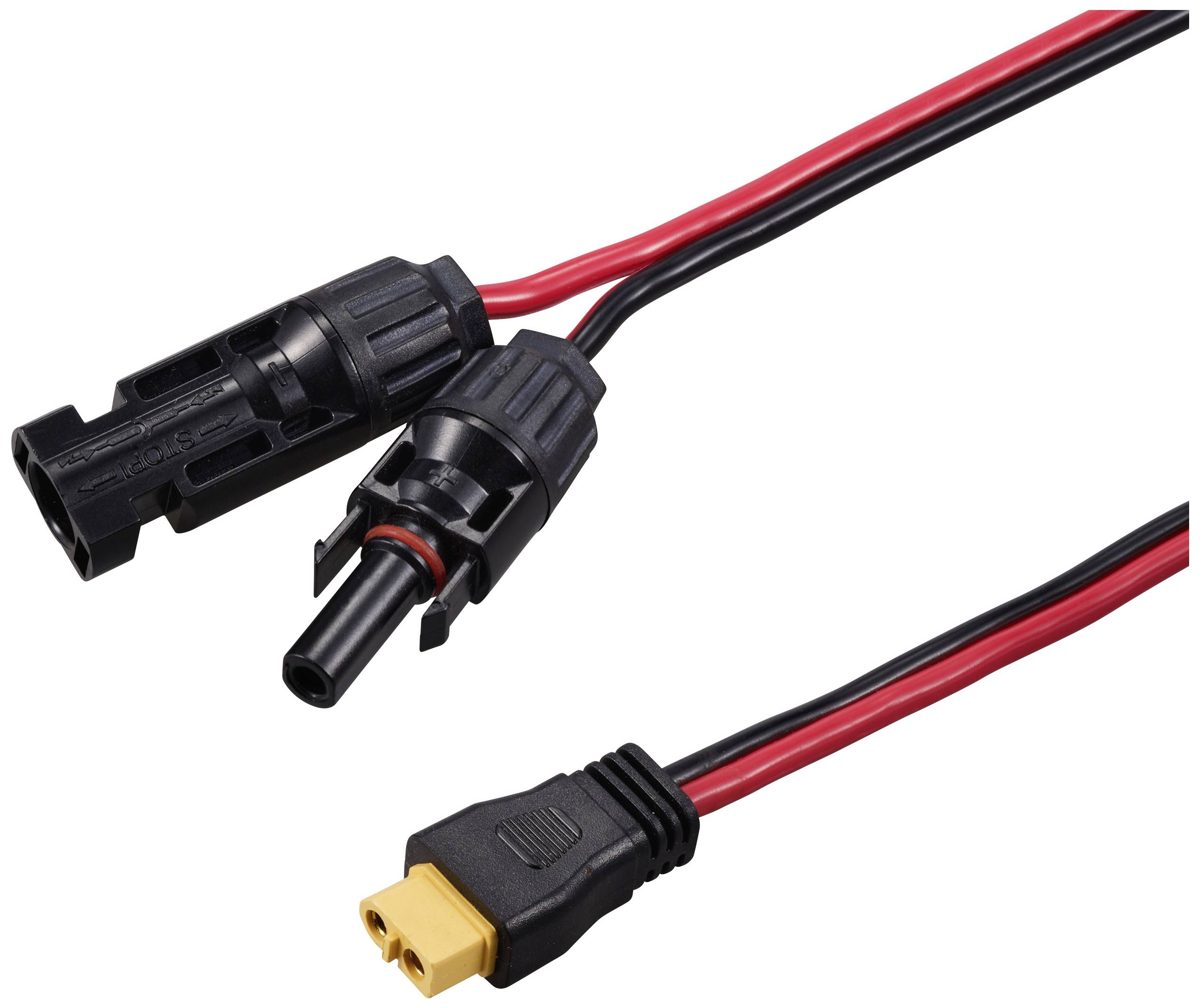 Zwei schwarze Steckverbinder mit roten und schwarzen Kabeln sind verbunden und enden in einem gelben Stecker. Geeignet für Solaranlagen.