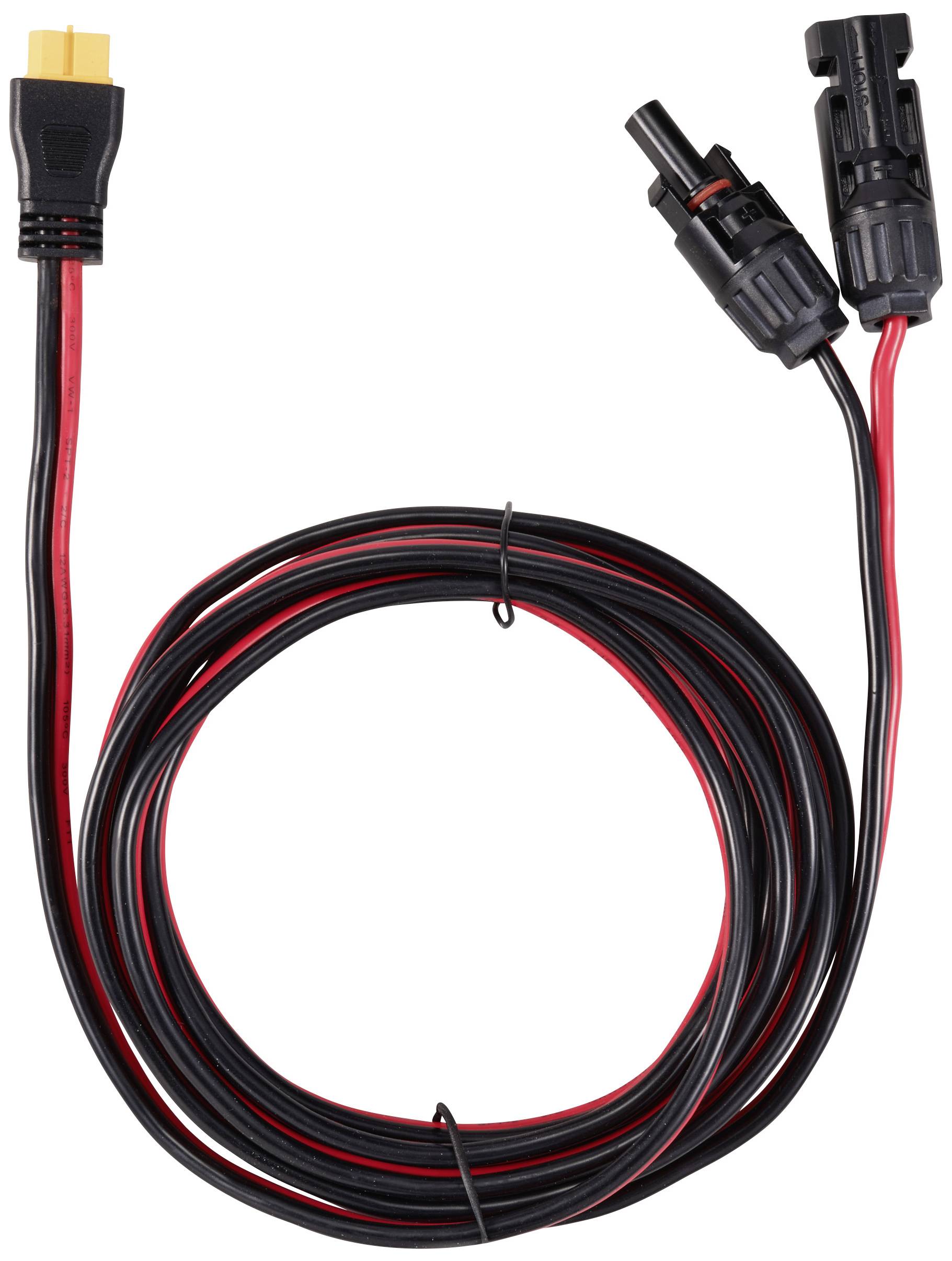 Zweiadriges Kabel mit XT60- und MC4-Steckern, geeignet für Solarenergie-Verbindungen.