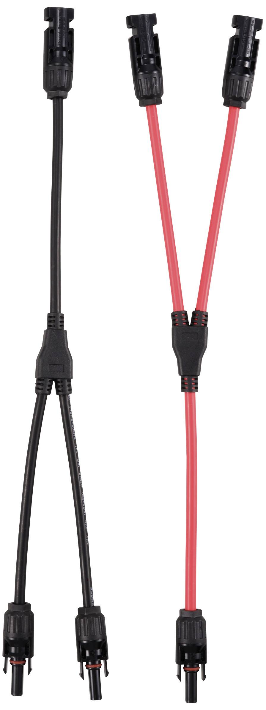 Zwei Y-förmige Solarkabel mit schwarzen und roten Leitungen. Links schwarzes Kabel, rechts rotes Kabel. Beide mit MC4-Steckern.