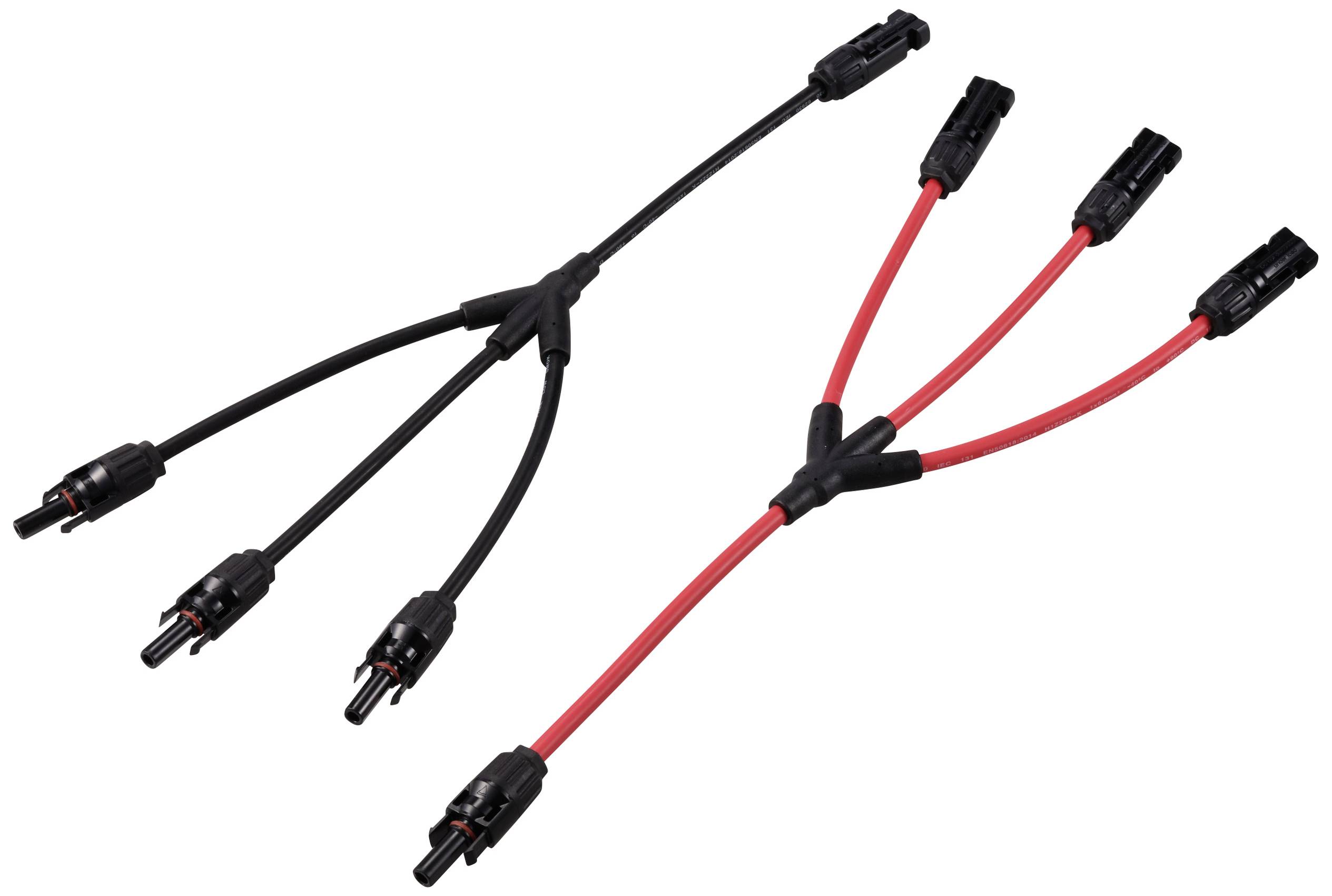 Zwei Sätze von Solarkabel-Verteilern mit Y-Form, links in Schwarz und rechts in Rot, zeigen Verteilungs- und Verbindungsmöglichkeiten.