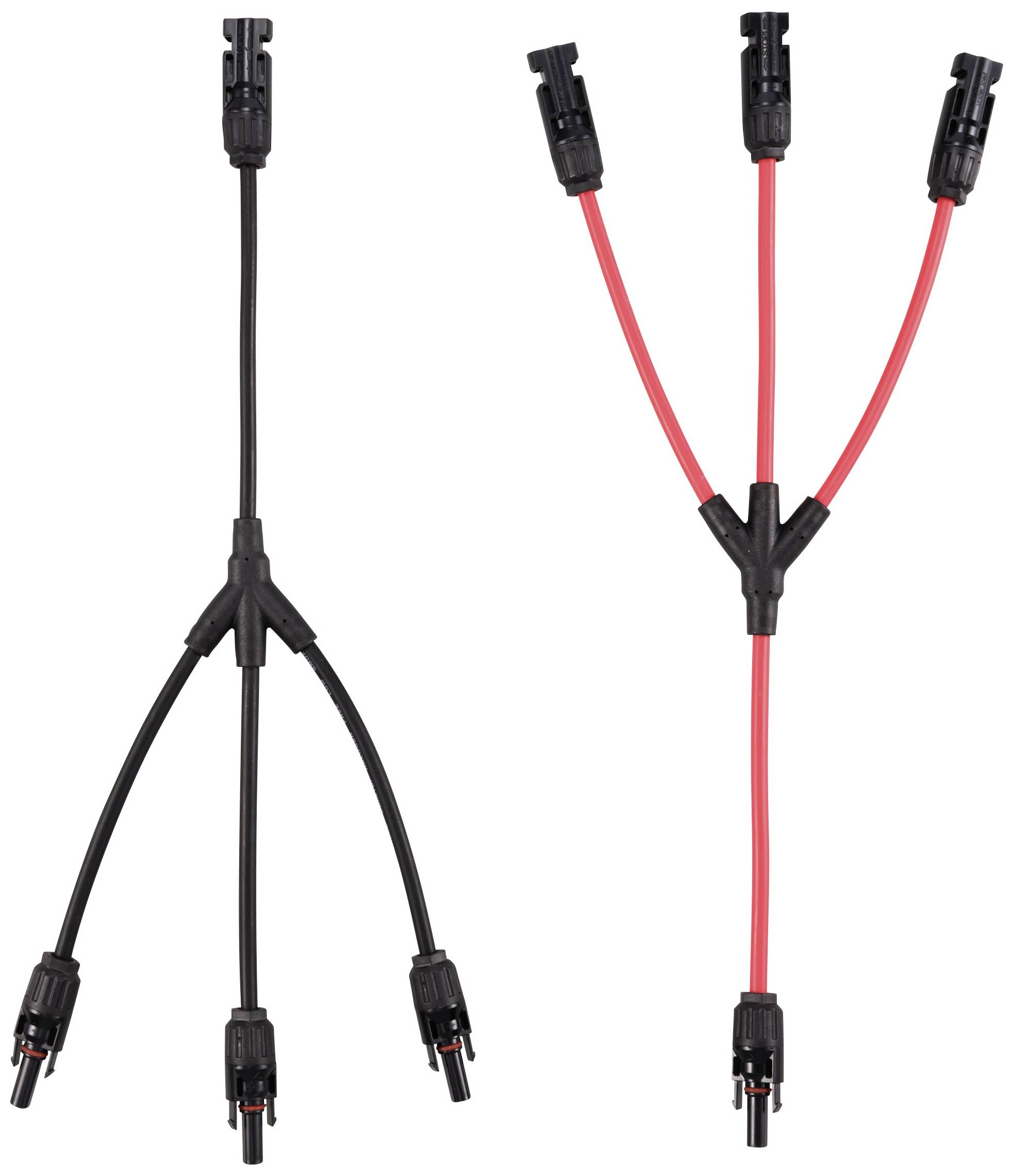 Zwei Solarkabel mit MC4-Steckverbindern, eines schwarz und eines rot, jeweils mit Y-Abzweigung zum Verbinden mehrerer Solarpanels.