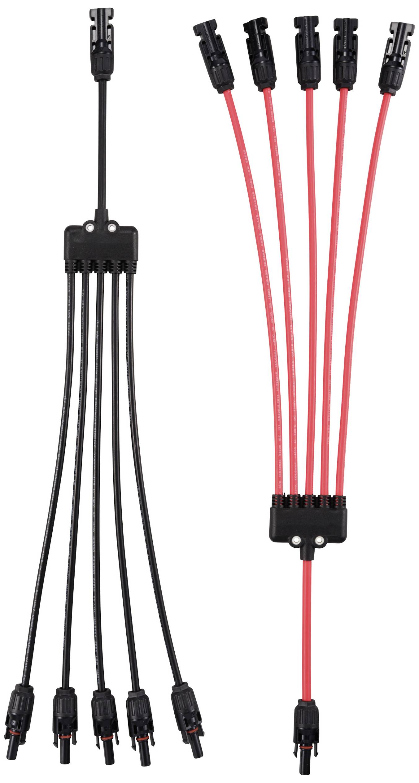 Solar-Verteilerkabel: links in Schwarz mit mehreren Anschlüssen, rechts in Rot zusammengeführt. Bild zeigt Anschlussmöglichkeiten.