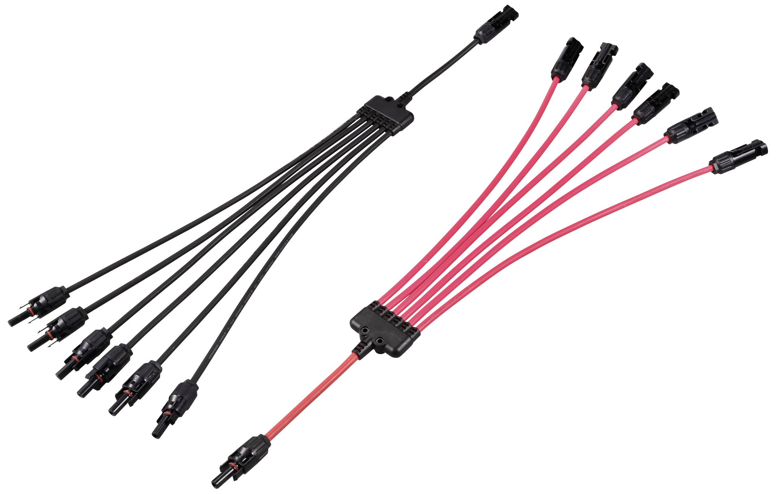 Solarverteilerkabel in Y-Form: links mit 10 schwarzen Leitungen, rechts mit roten und schwarzen Leitungen. Verbindungslösung für Solaranlagen.