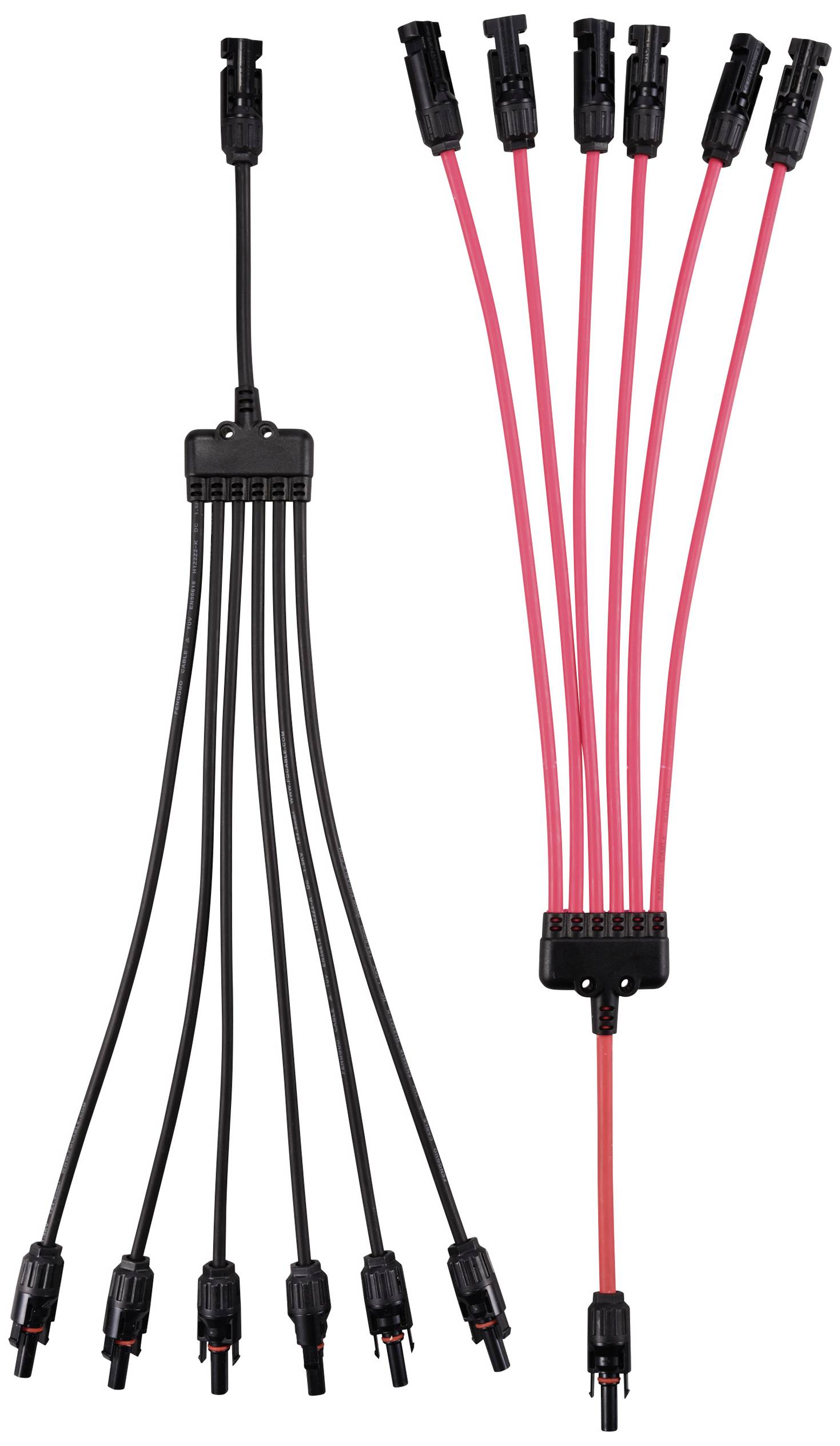 PV Solar Kabel Y Verteiler, MC4 Stecker. Links: 1 Buchse zu 6 Stecker, Schwarz. Rechts: 1 Stecker zu 6 Buchsen, Rot.