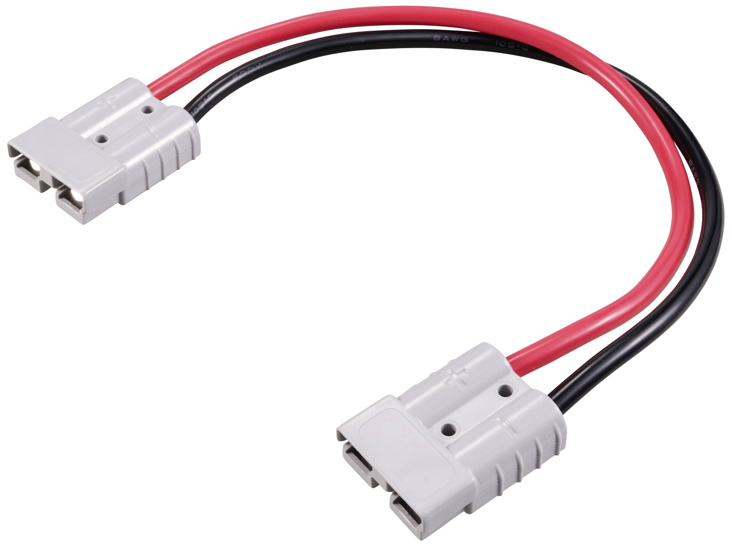 Graues Y-Kabel mit zwei Steckverbindern. Ein rotes und ein schwarzes Kabel führen zu einem weiteren, identischen Stecker.