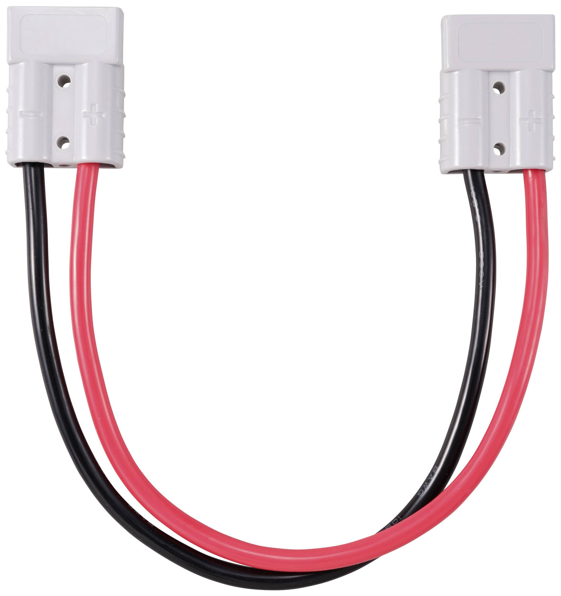 Ein rotes und ein schwarzes Kabel sind miteinander verbunden; beide enden in grauen Steckern mit Plus- und Minus-Markierungen.