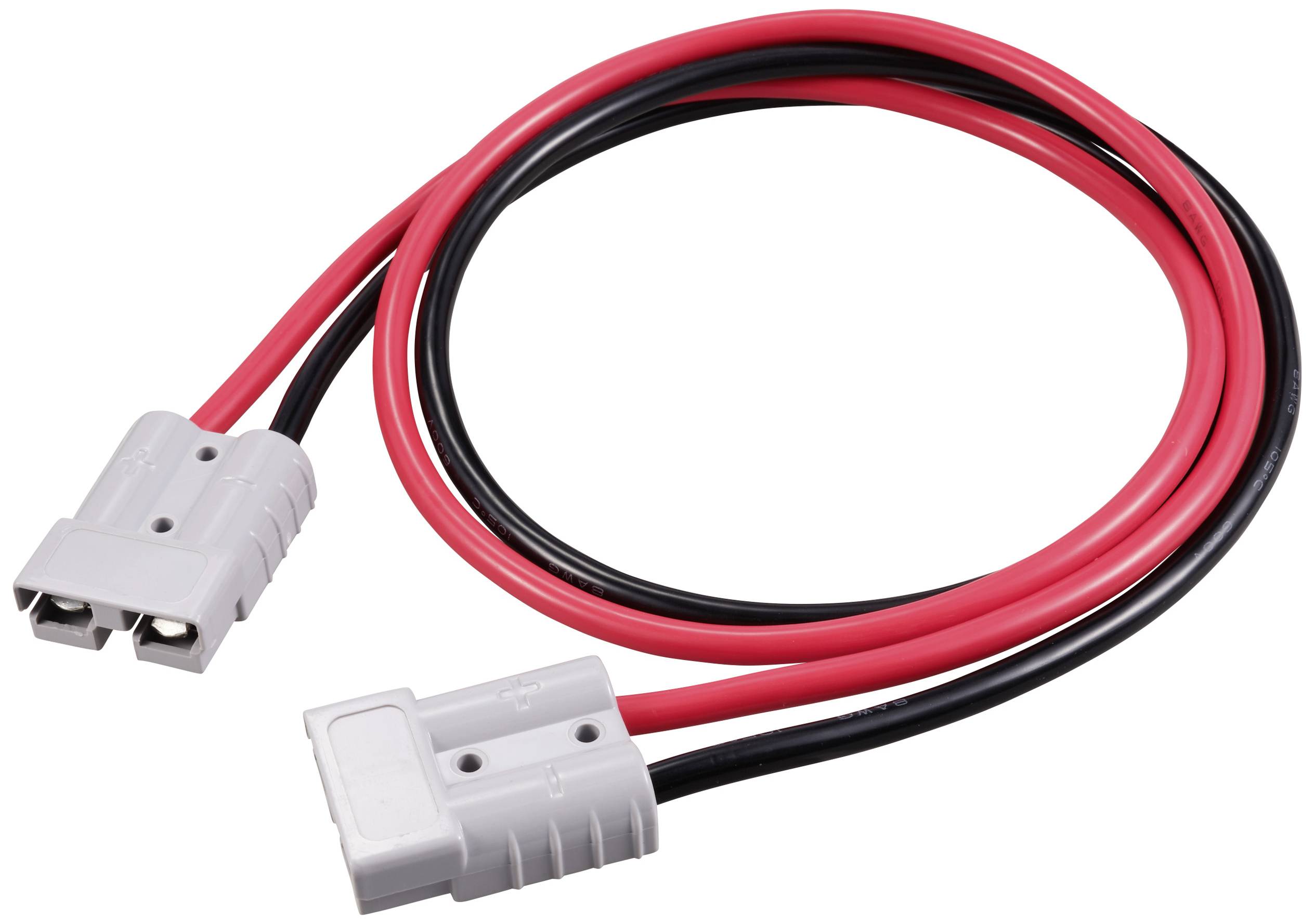 Graues Steckerkabel mit rotem und schwarzem Draht, standardmäßig für den Anschluss von Batterien oder Elektronikgeräten verwendet.