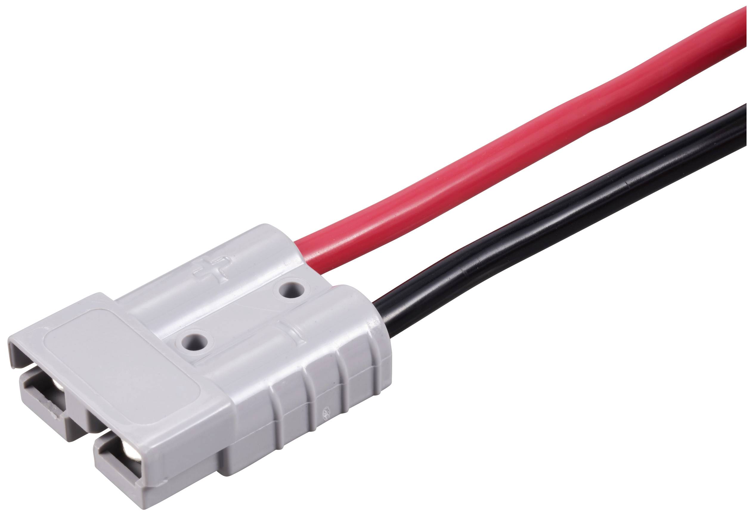 Ein grauer Steckverbinder mit rotem und schwarzem Kabel zeigt eine typische Konfiguration für elektrische Verbindungen.