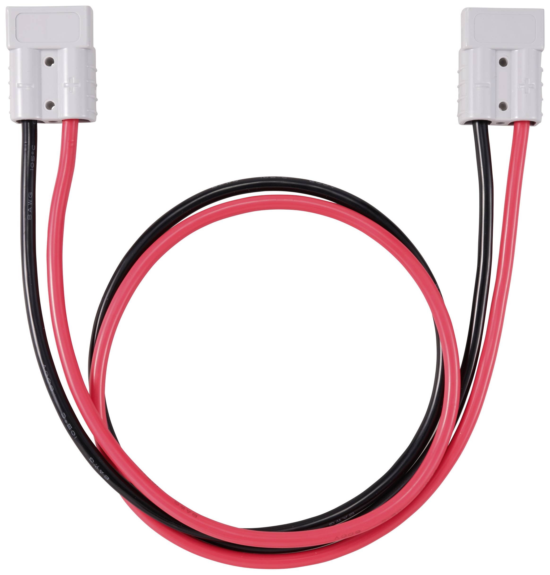 Ein rot-schwarzes Stromkabel mit grauen Steckverbindern an beiden Enden; Dient zur Energieübertragung oder zum Laden von Geräten.