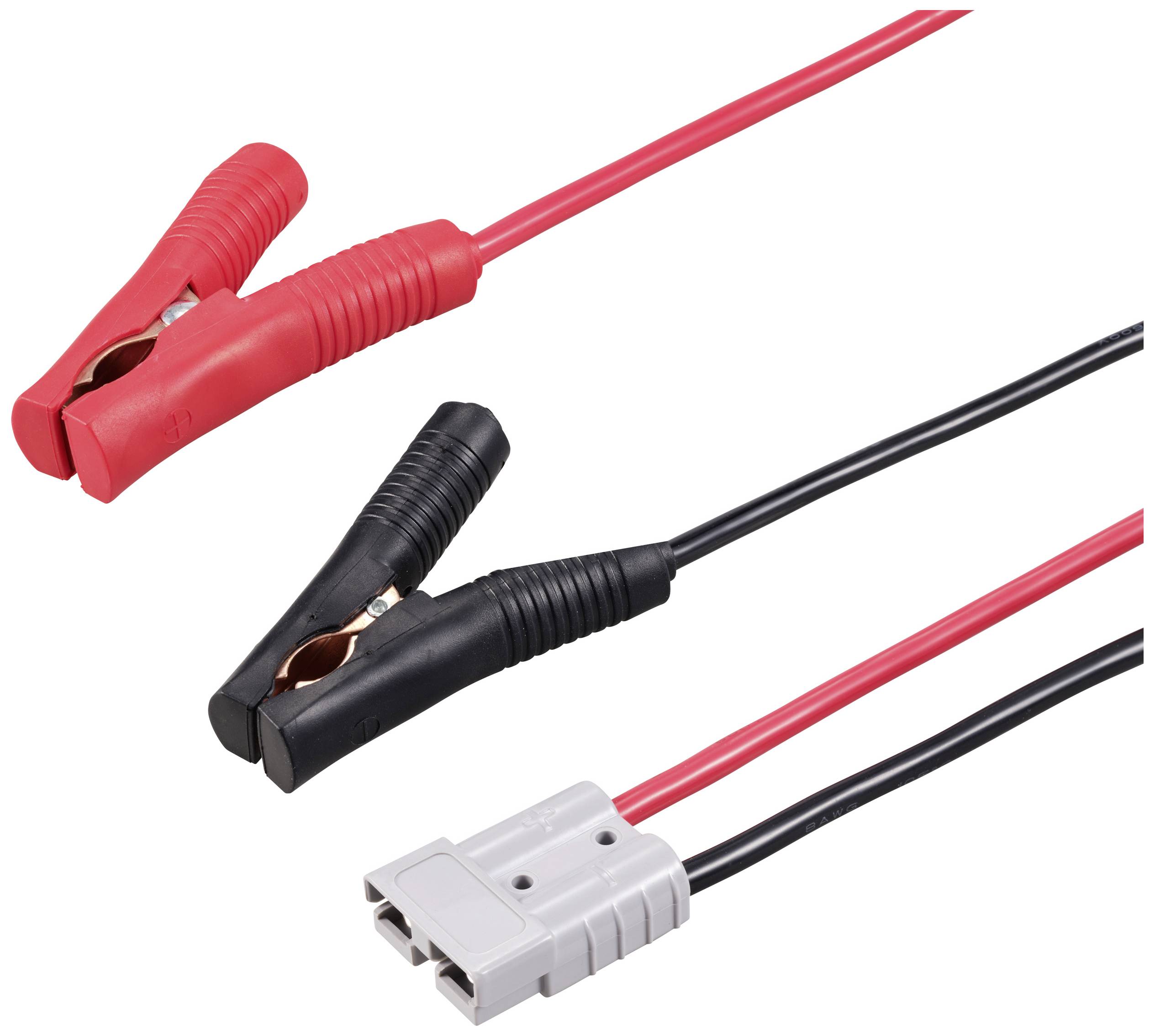 Zwei Kabel mit Klemmen: ein rotes mit positiver Klemme und ein schwarzes mit negativer Klemme, beide enden in einem grauen Stecker.