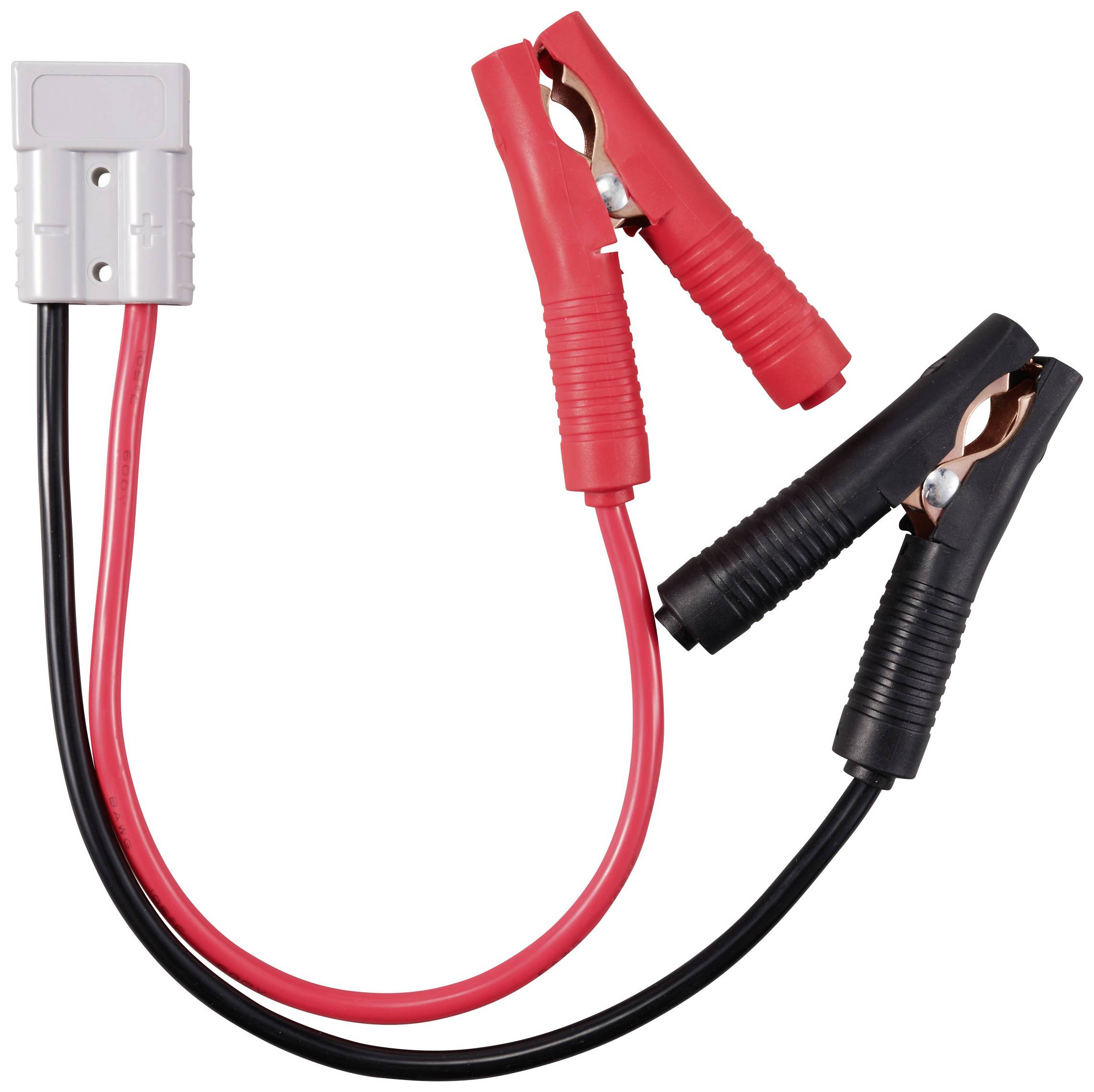Rotes und schwarzes Starthilfekabelpaar mit Klemmen für den Anschluss an eine Autobatterie.