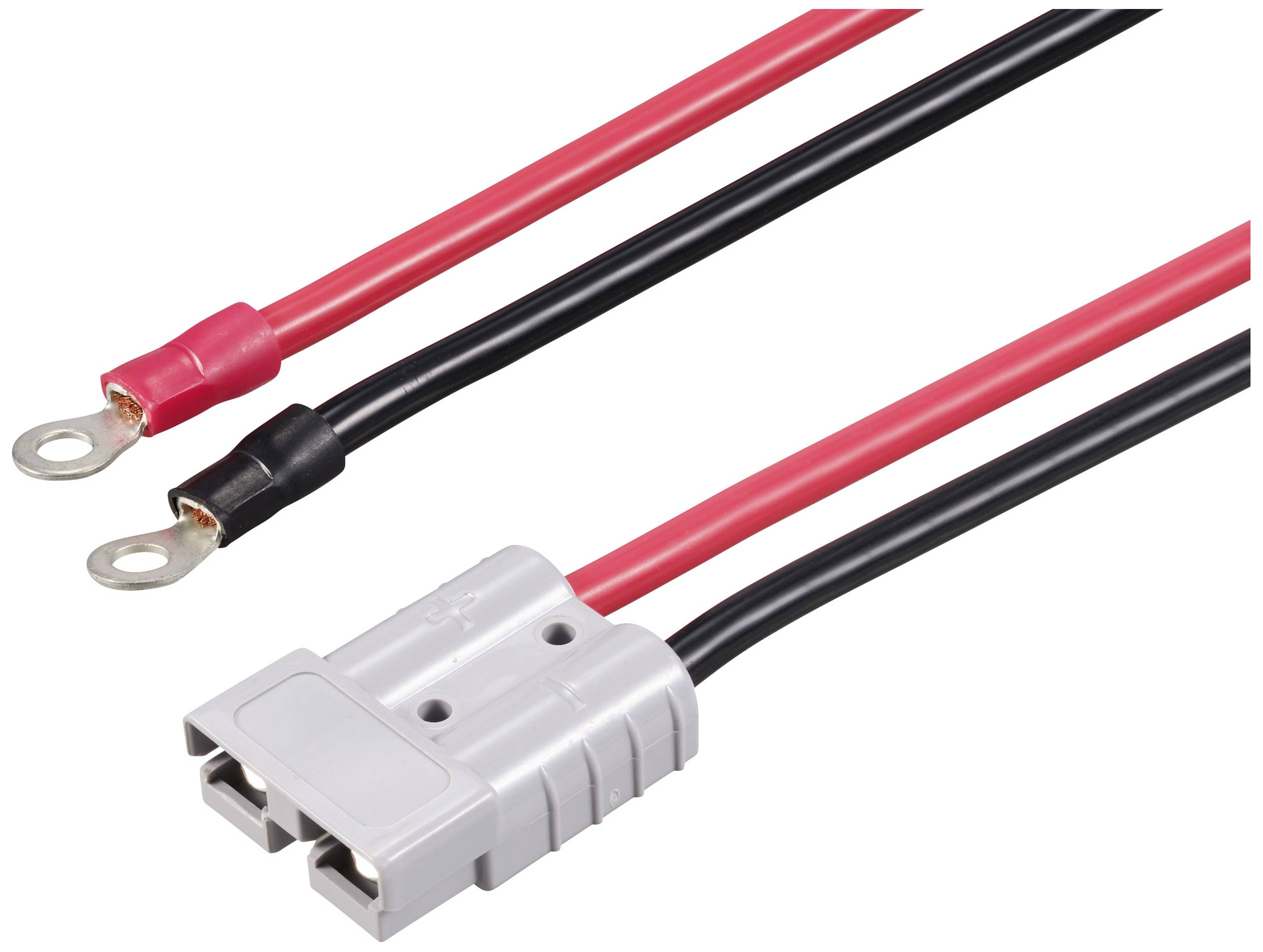 Zwei farbige Kabel, rot und schwarz, jeweils mit Ringösen und einem grauen Stecker verbunden. Sie werden üblicherweise in elektrischen Anwendungen verwendet.
