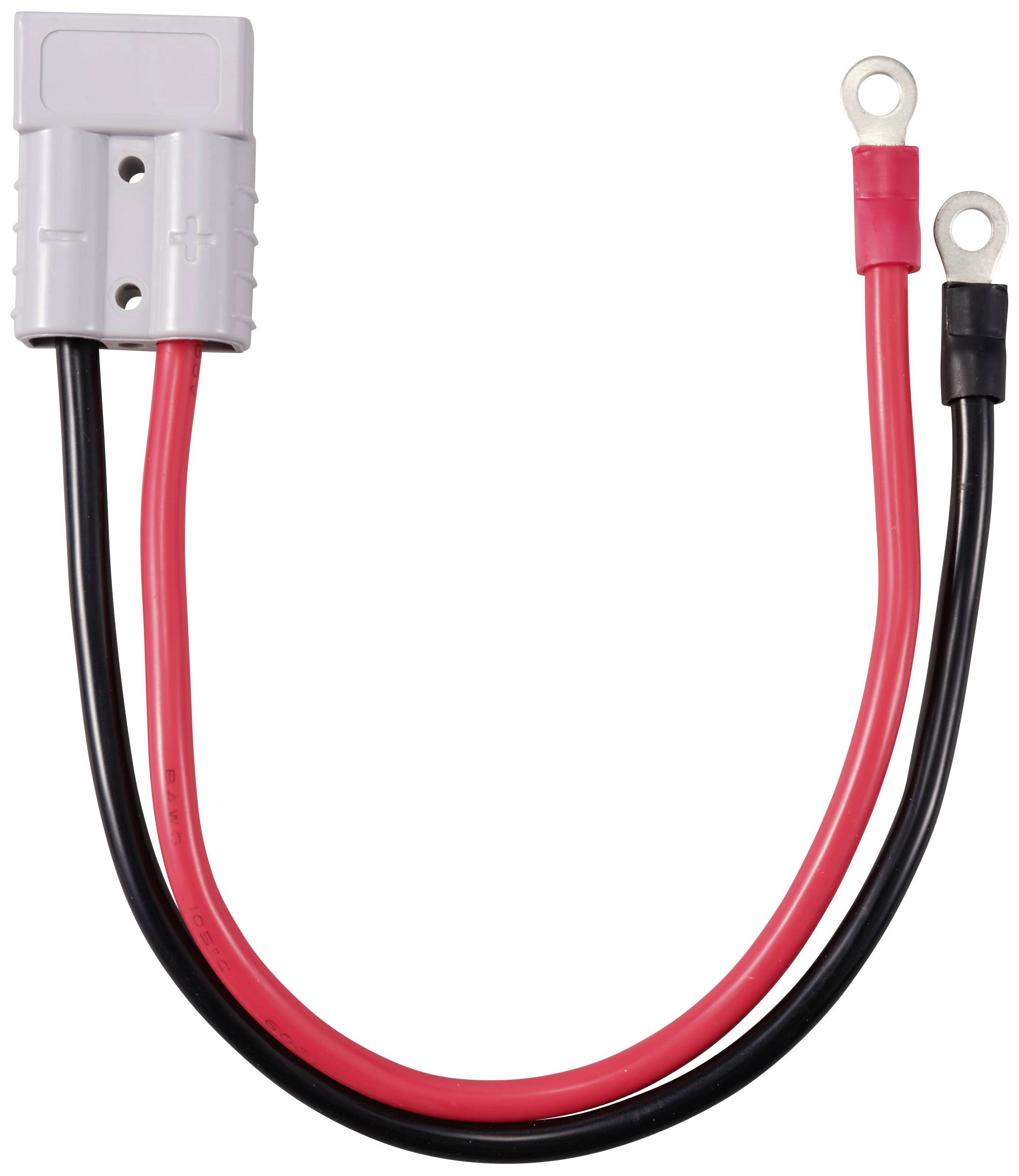 Ein grauer Stecker mit einem roten und einem schwarzen Kabel. Die Kabelenden haben runde Metallösen zur Befestigung.