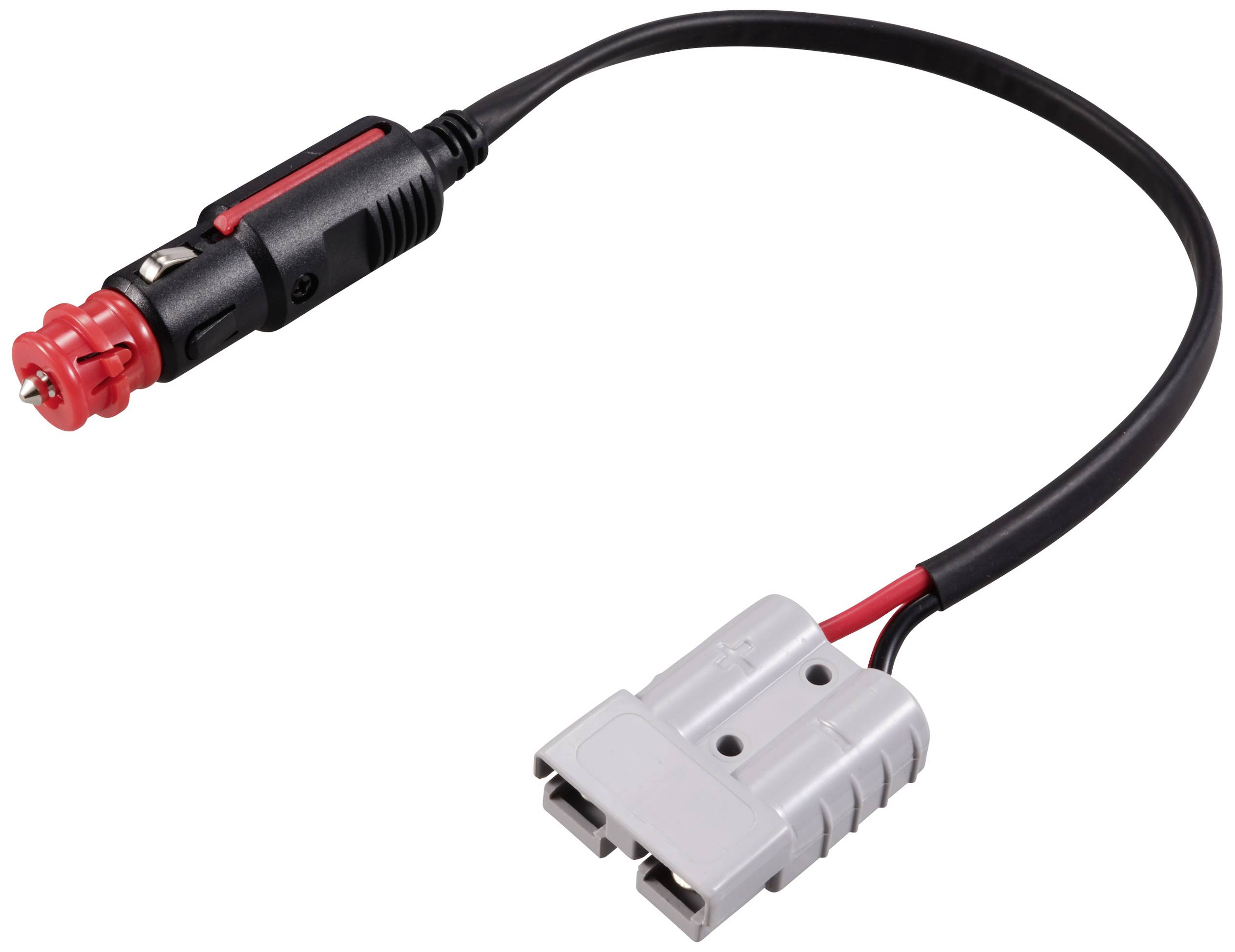 Ein Netzkabel mit einem roten Kfz-Stecker auf der einen Seite und einem grauen Steckverbinder auf der anderen Seite.