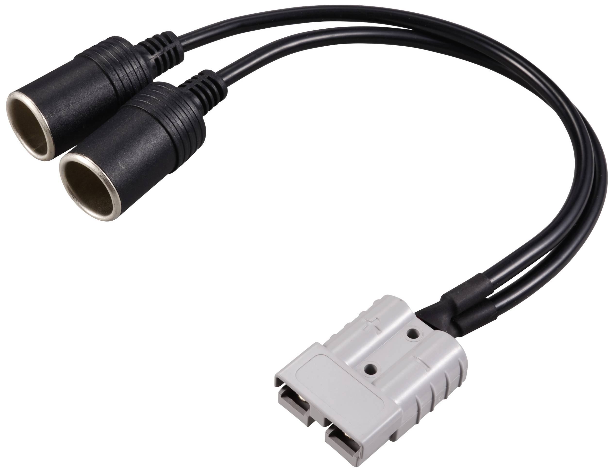 Y-Kabeladapter mit zwei Buchsen und einem grauen Stecker, verwendet zum Verbinden von zwei Geräten mit einer einzigen Stromquelle.