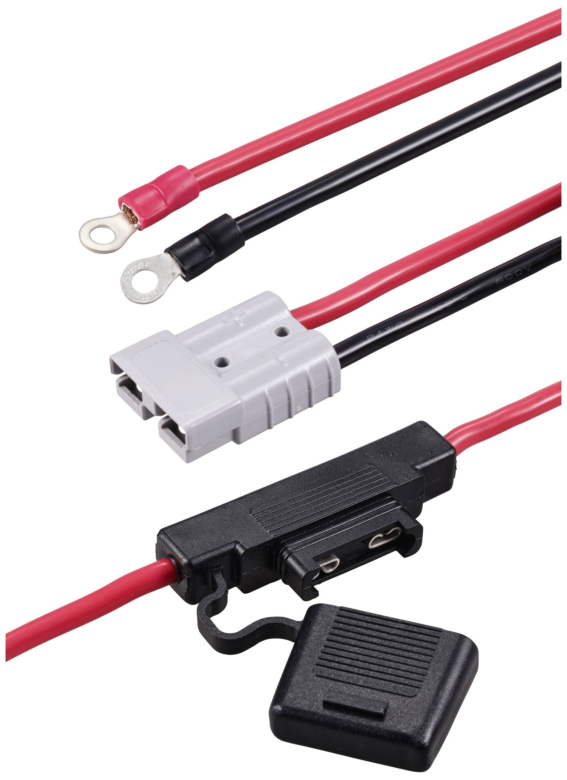 Rote und schwarze elektrische Kabel mit verschiedenen Anschlüssen: Ringkabelschuh, Steckerverbindung und Flachsicherungshalter.