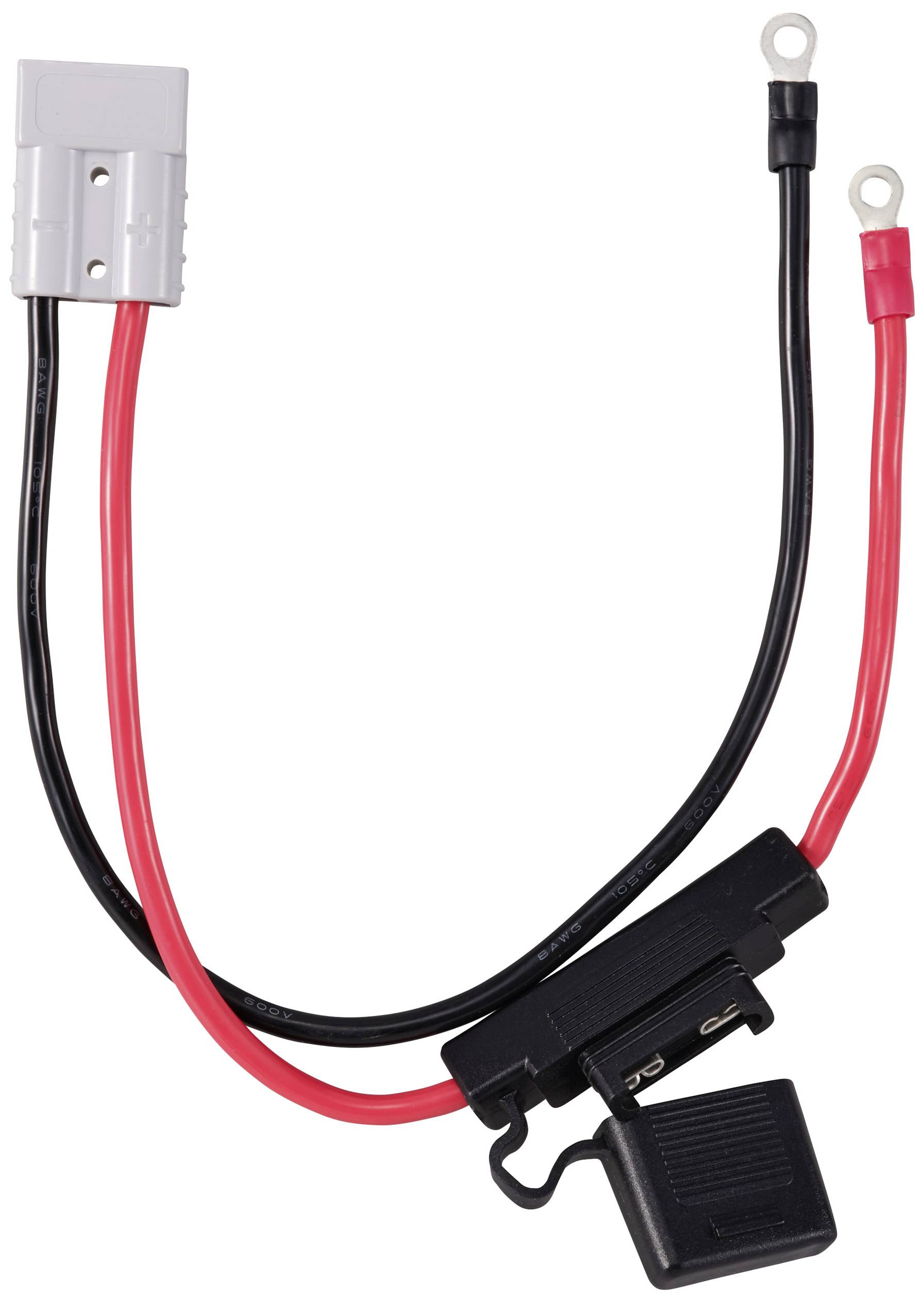 Ein rotes und ein schwarzes Batteriekabel mit Sicherung und zwei Ringösen.