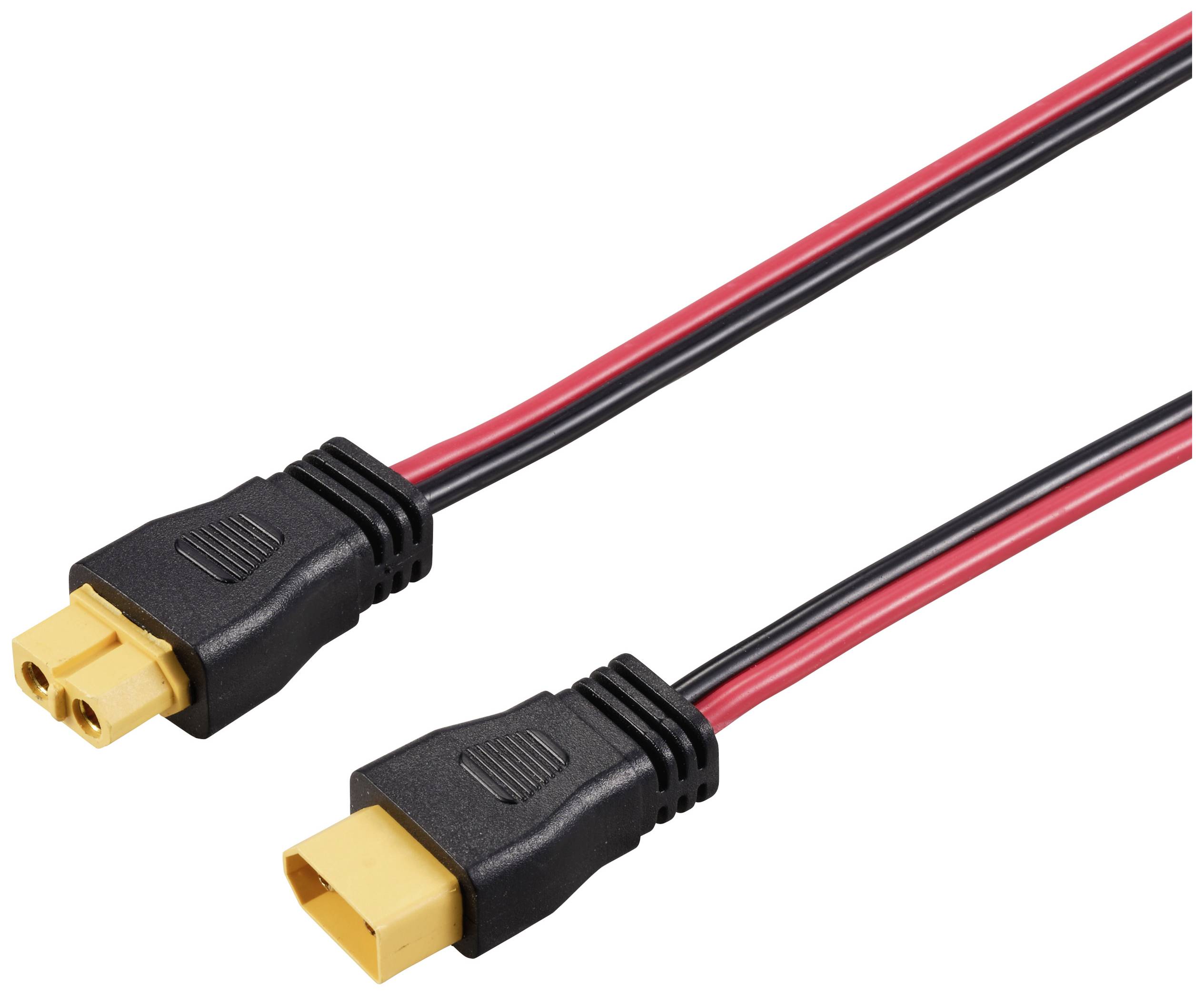 Zwei Kabel mit gelben Verbindungssteckern und schwarzen sowie roten Leitungen. Geeignet für elektronische Verbindungen.