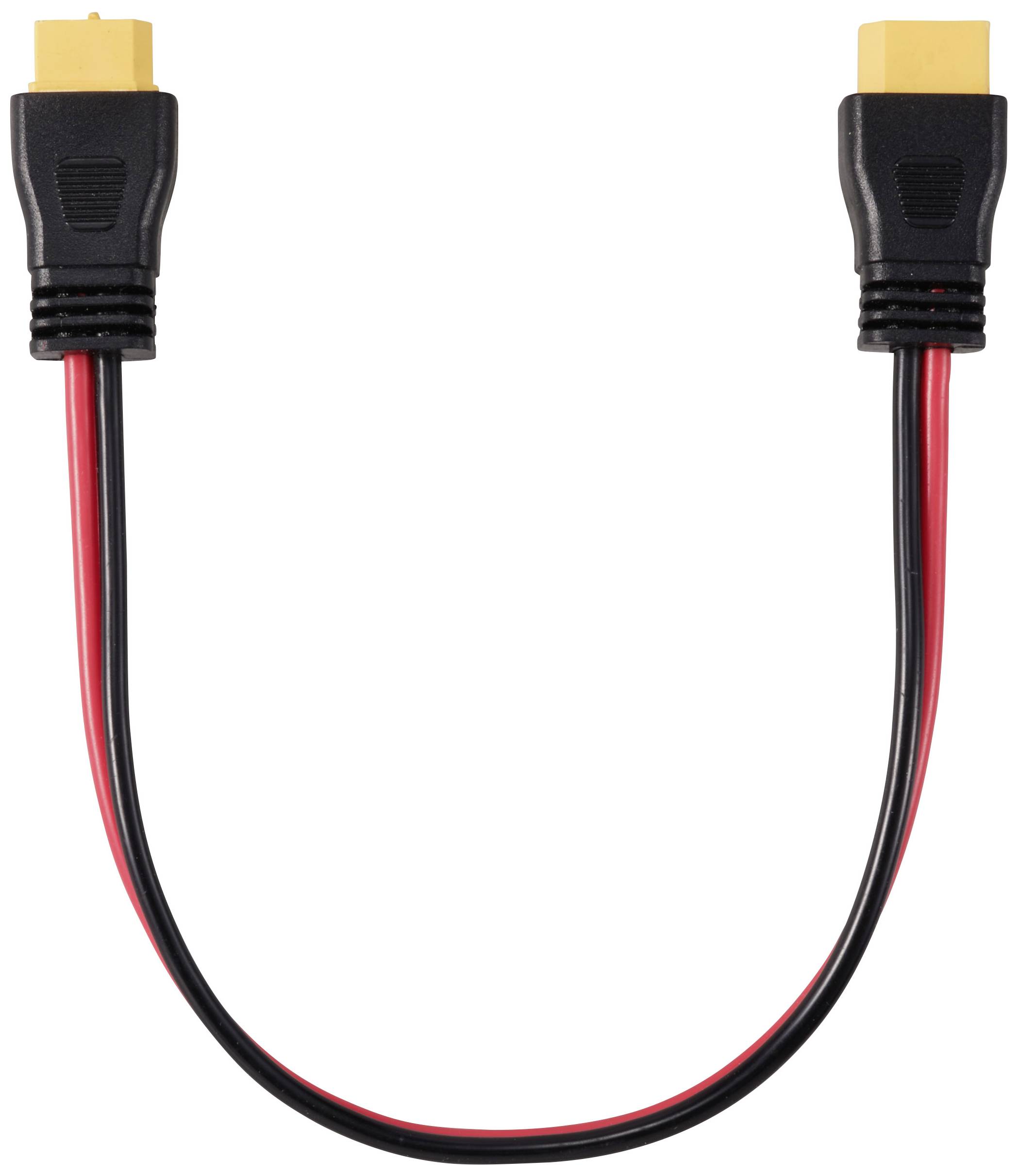 Rotes und schwarzes Kabel mit zwei gelben Steckern, geeignet für elektronische Verbindungen.