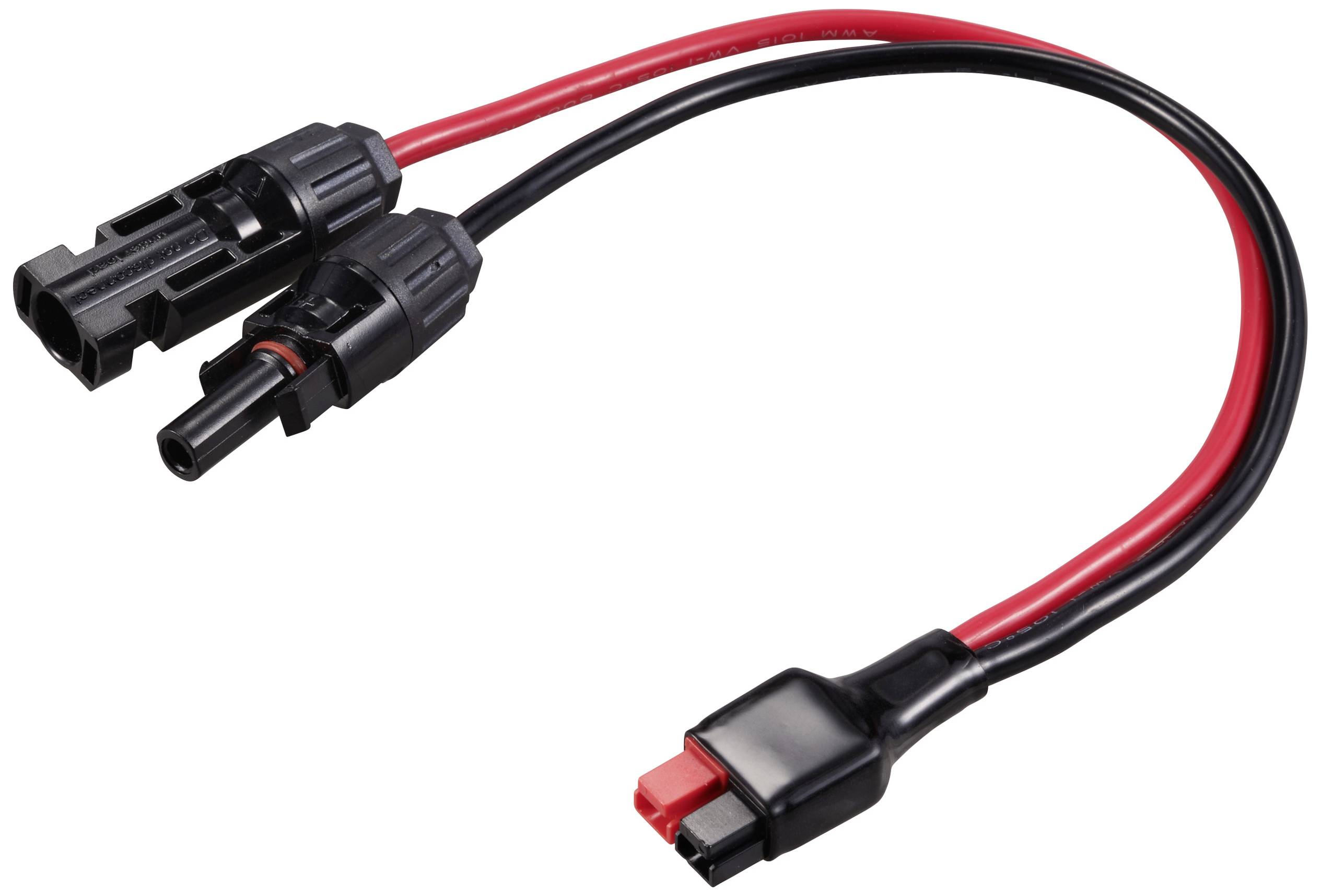 Ein Y-Kabel mit zwei schwarzen Solarpanel-Steckern und einem roten und schwarzen Stecker am anderen Ende, für Solaranlagen-Verbindung.