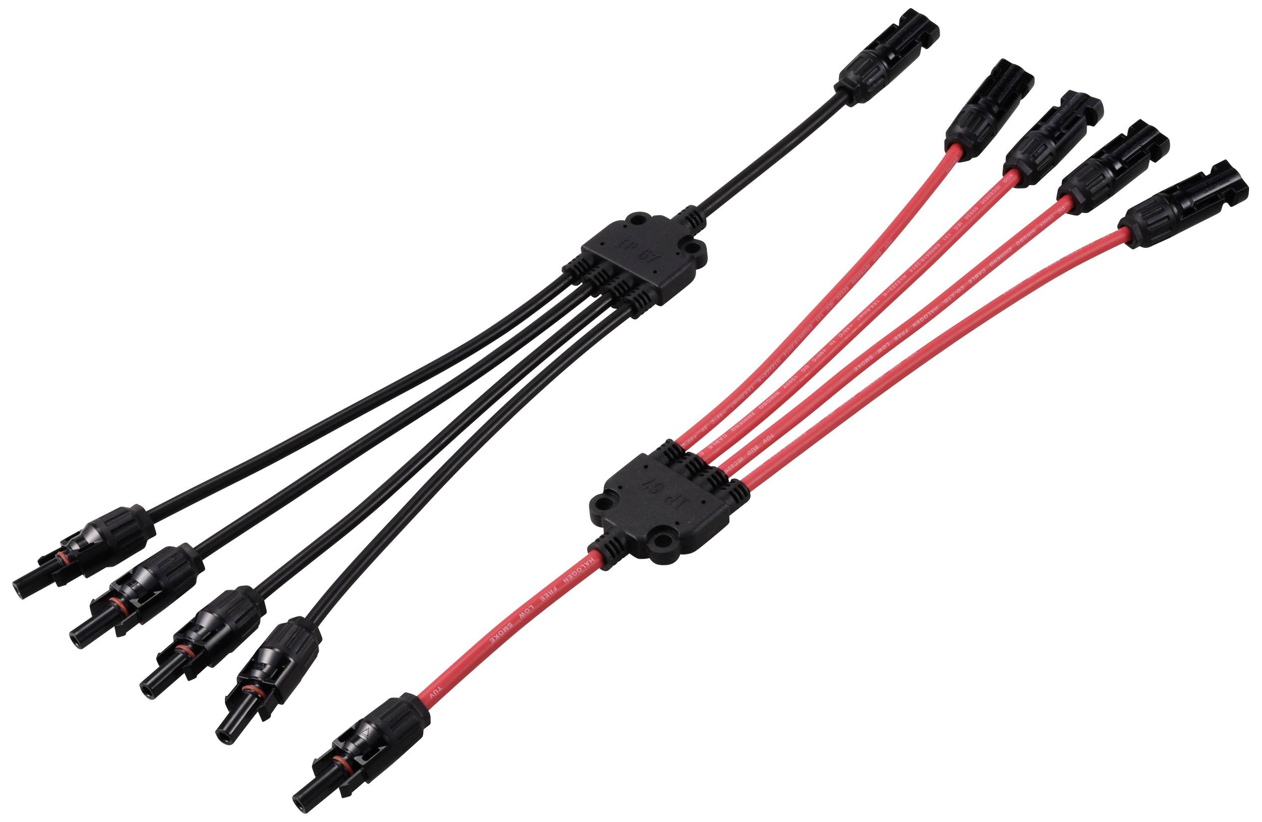 Y-Steckverbinder für Solarmodule mit MC4-Anschlüssen. Ein Satz mit einem roten und einem schwarzen Kabel, jeweils mit mehreren Abzweigungen.