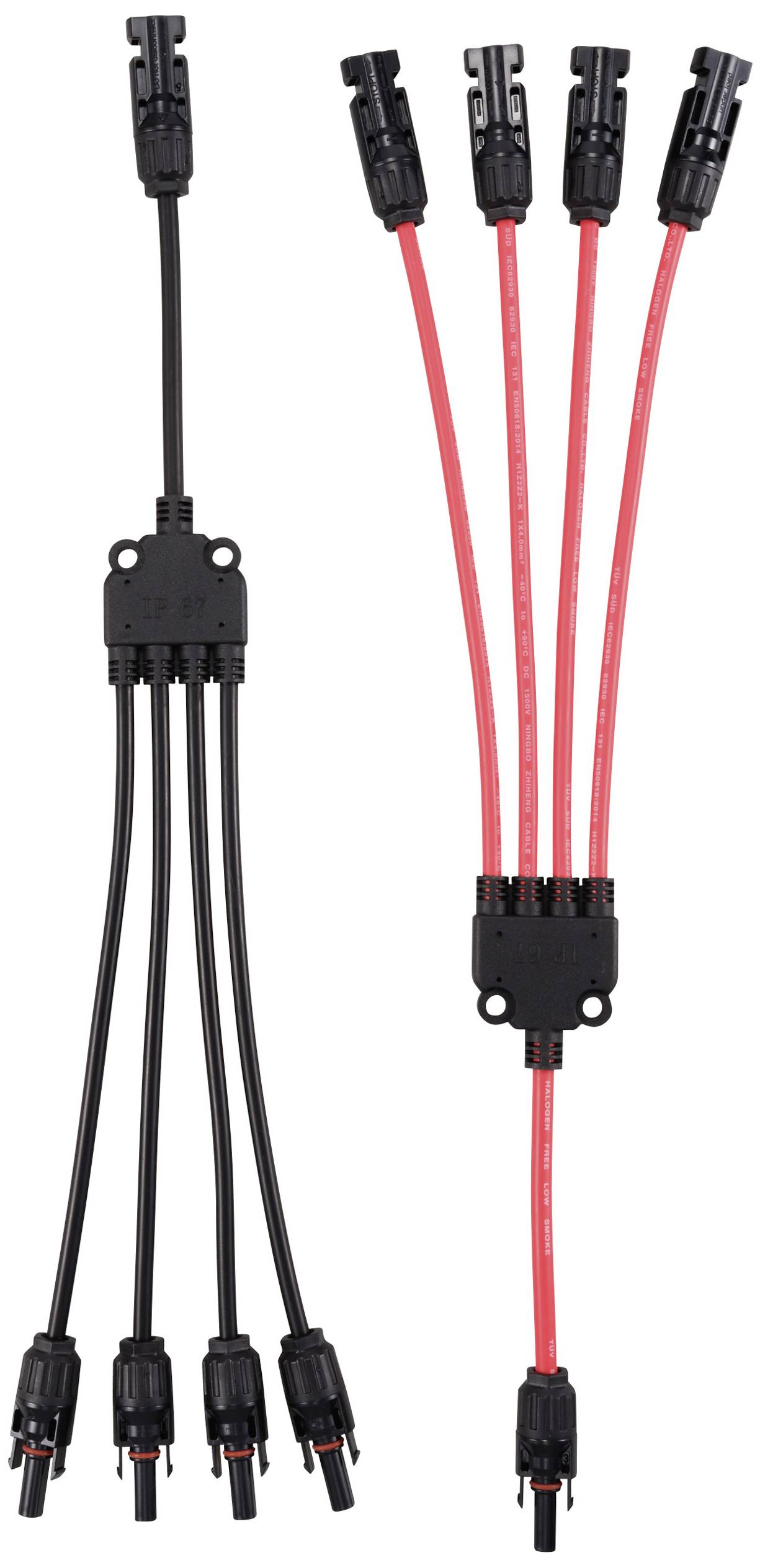 'MC4-Solarzweigverbinder' zeigt zwei Kabelstränge: links ein 5-zu-1 schwarzes Kabel, rechts ein 5-zu-1 rotes Kabel, beide mit Steckverbindern.