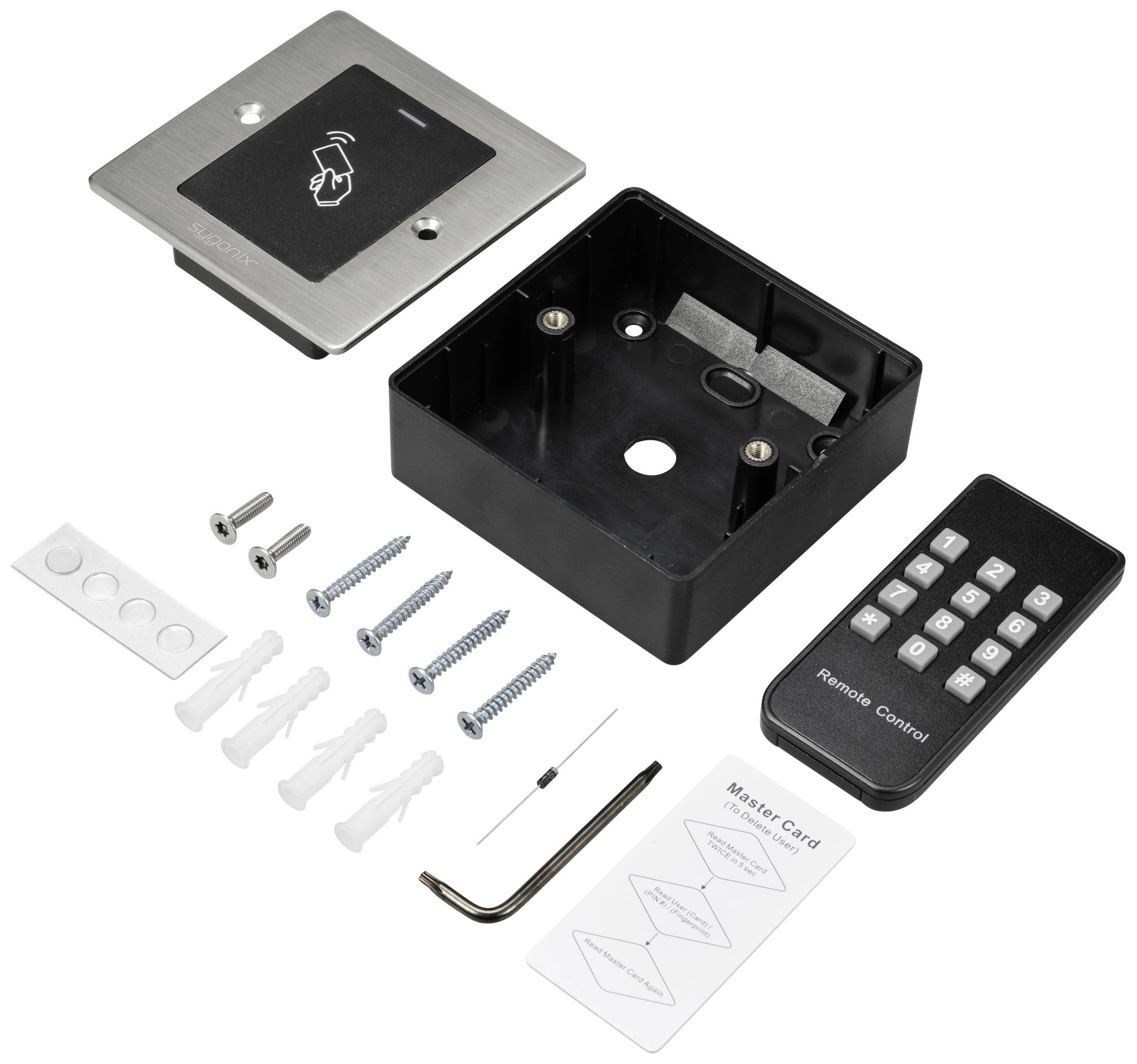 Teile eines Türschlosssystems mit Touchpad, Fernbedienung und Befestigungsmaterial, darunter Schrauben, Dübel und Inbusschlüssel.