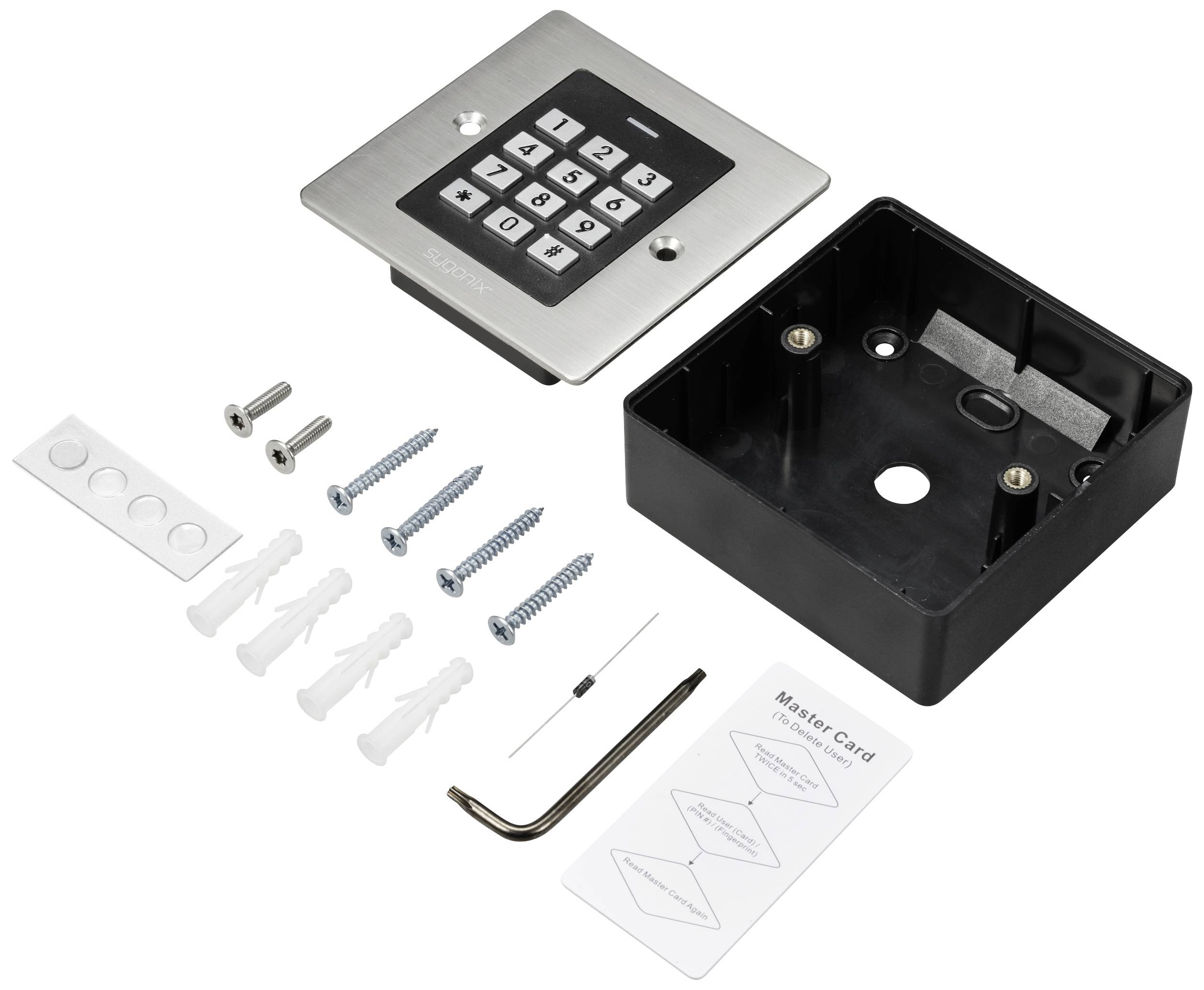 Digitales Türcodeschloss-Set mit Tastenfeld, Schrauben, Dübeln, Montagerahmen, Inbusschlüssel und Karten für Zugangskontrolle.