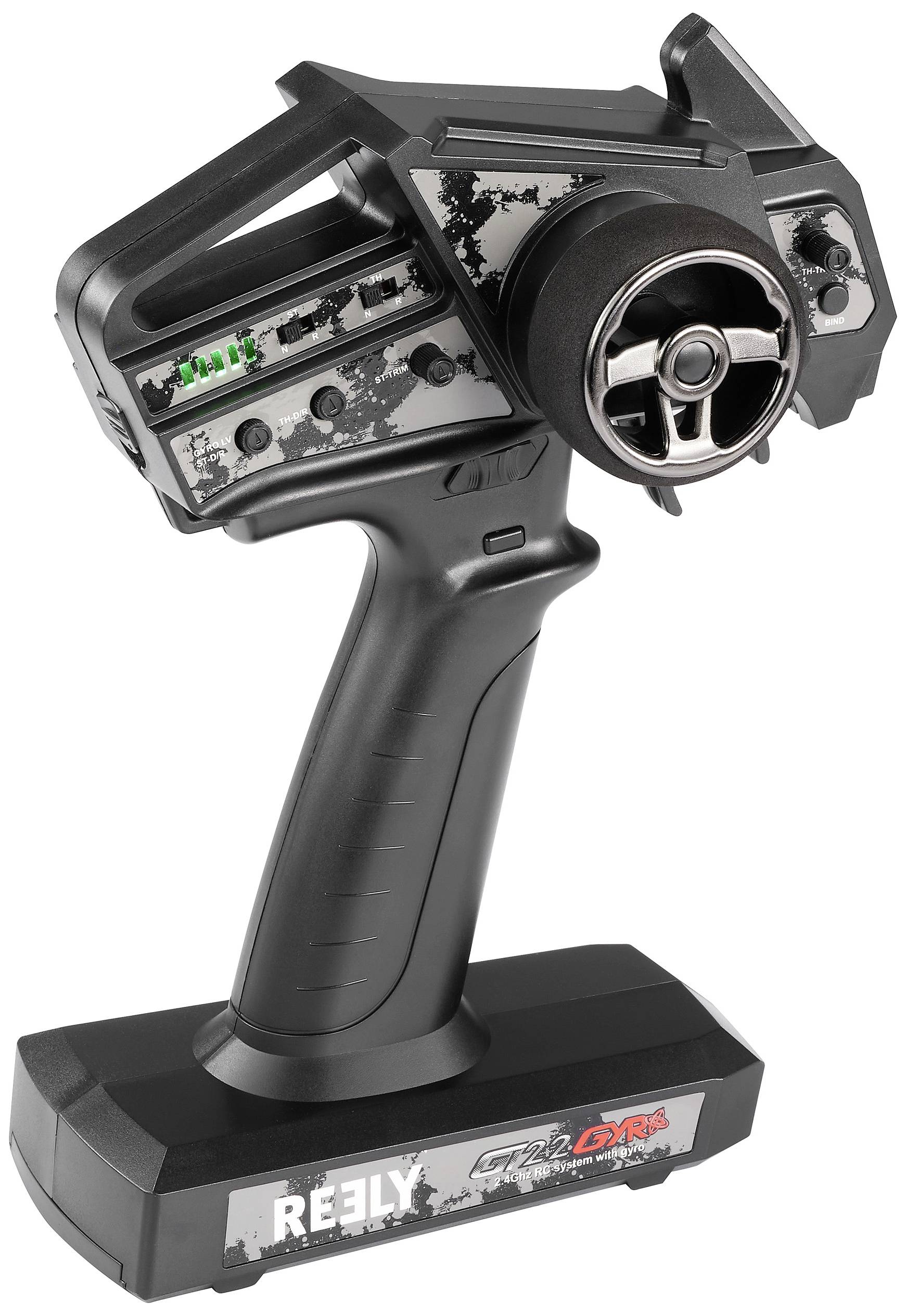 Handsender mit schwarzem Griff und Steuereinheit. Knöpfe und Rädchen sind sichtbar. Gehäuse ist teils grau gemustert.