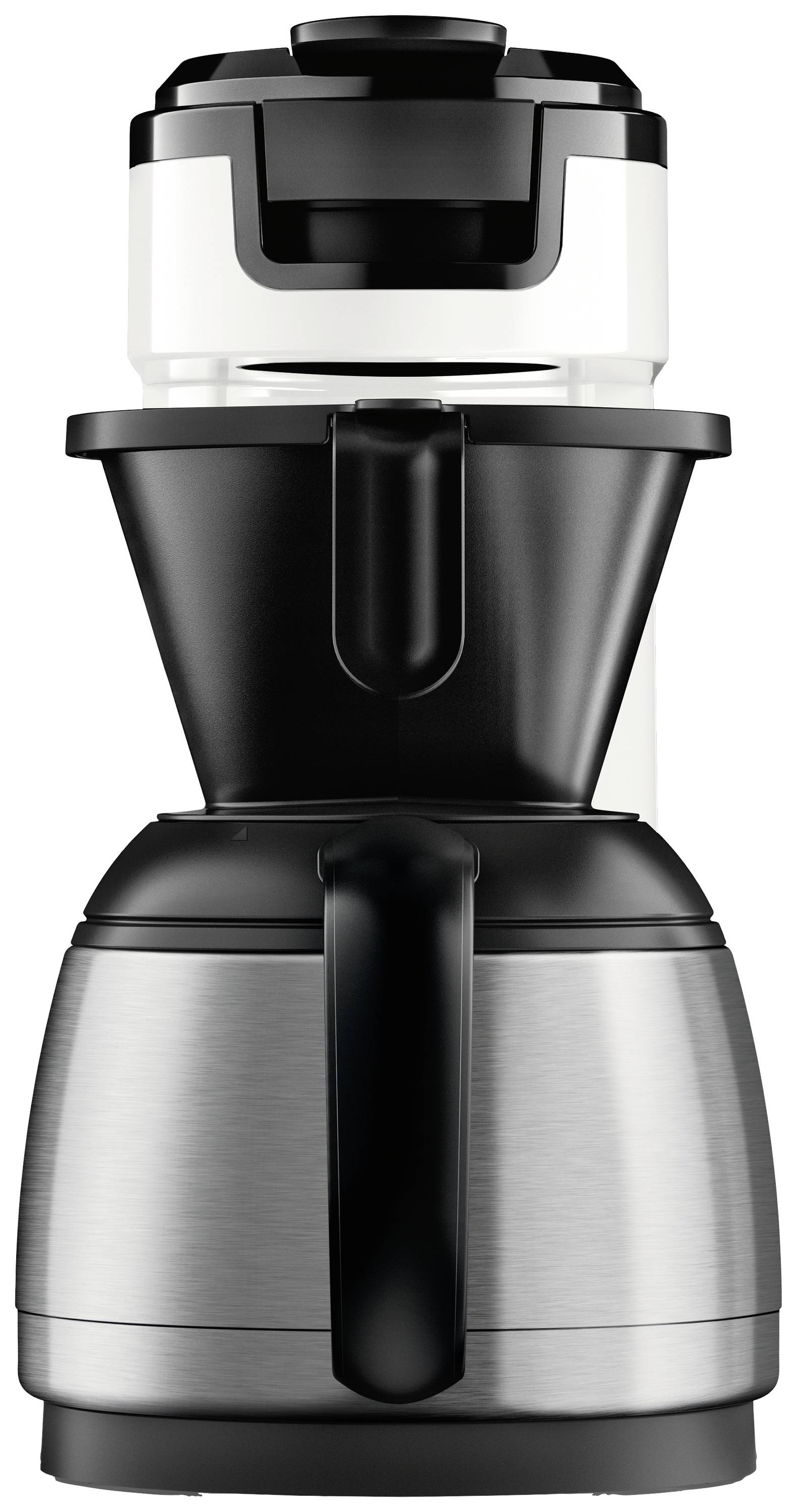 Eine silberne und schwarze Kaffeemaschine mit Edelstahl-Thermoskanne, die den frisch gebrühten Kaffee heiß hält.