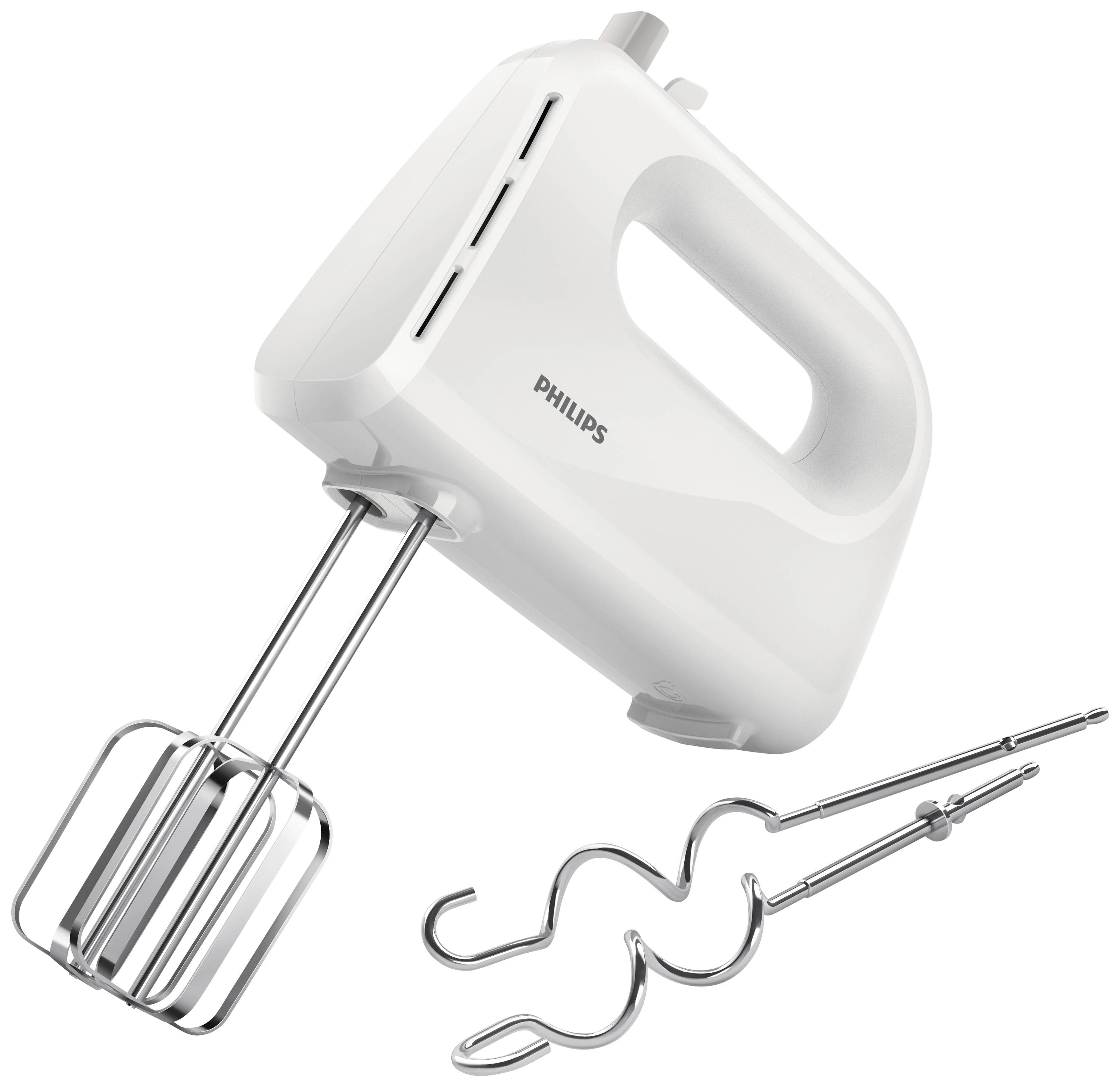 Ein weißer Handmixer mit zwei Schneebesen und zwei Knethaken. Er eignet sich zum Mischen von Teig und weiteren Küchenanwendungen.