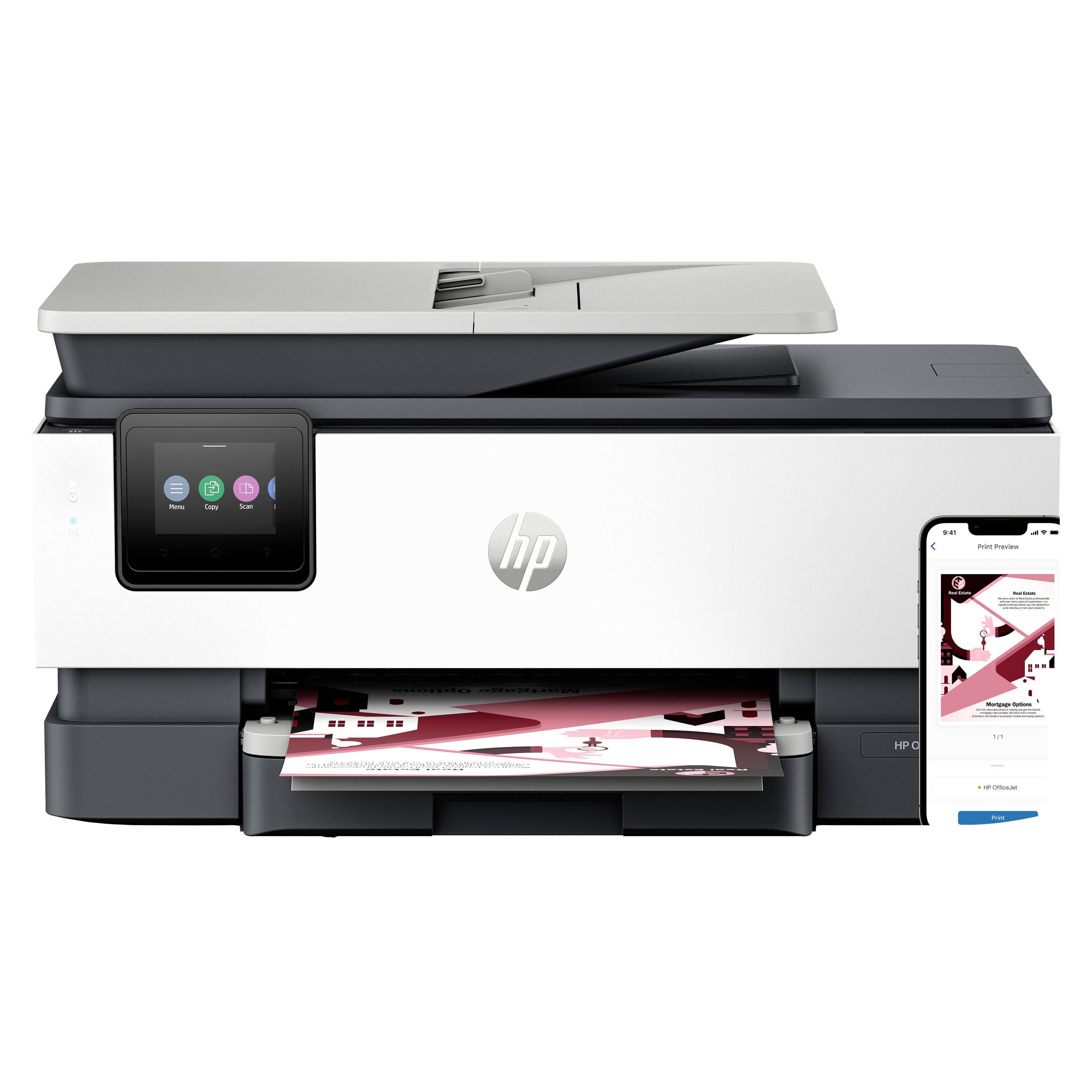 HP Multifunktionsdrucker druckt ein Farbdokument, mit Touchscreen-Steuerelementen und einer neben ihm angezeigten Smartphone-App.