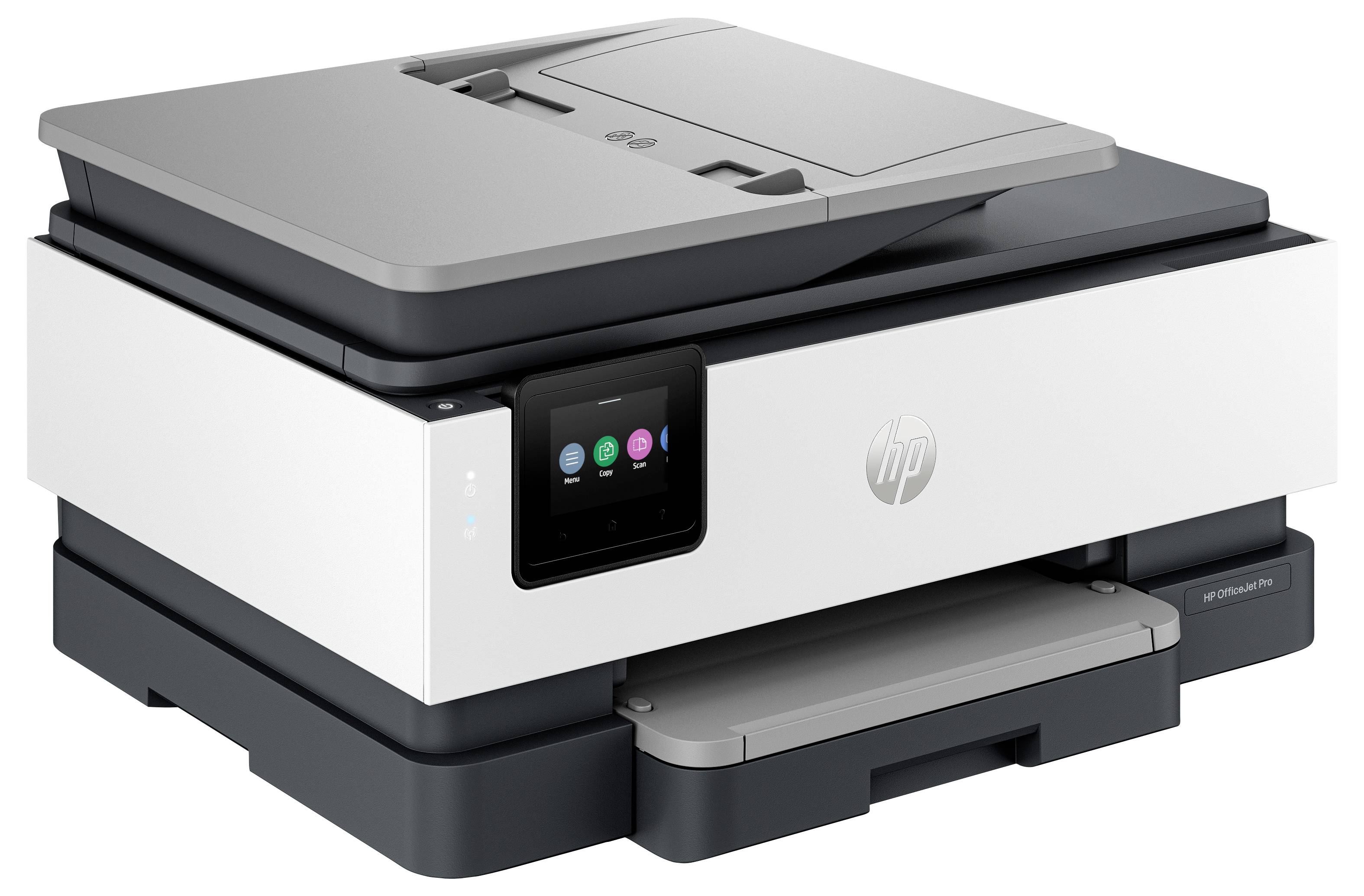 Weißer HP Multifunktionsdrucker mit Scanner-Deckel, Touchscreen-Bedienfeld und Papierfach, auf einfachem Hintergrund dargestellt.