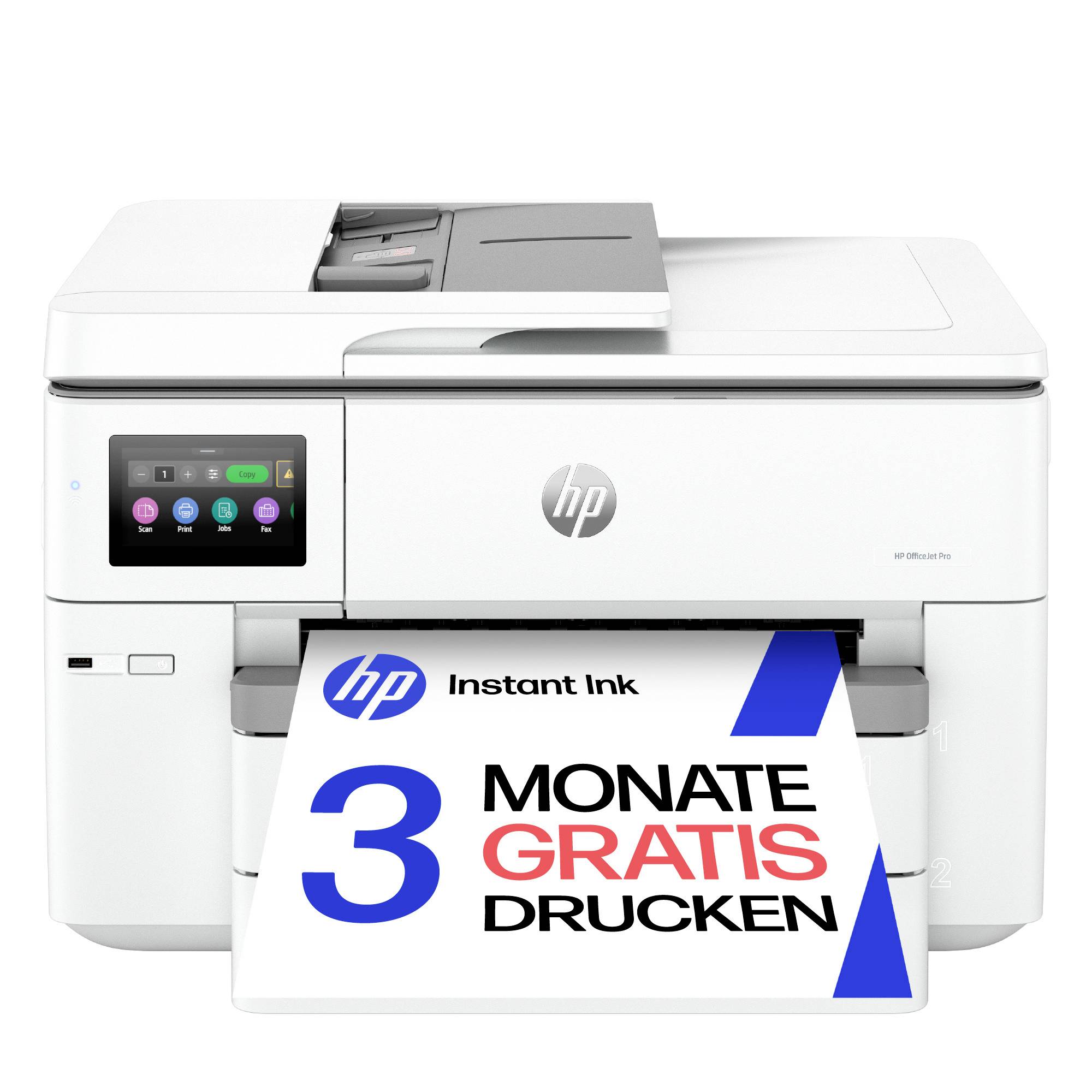 HP All-in-One-Drucker druckt eine Werbeseite, die „3 MONATE GRATIS DRUCKEN