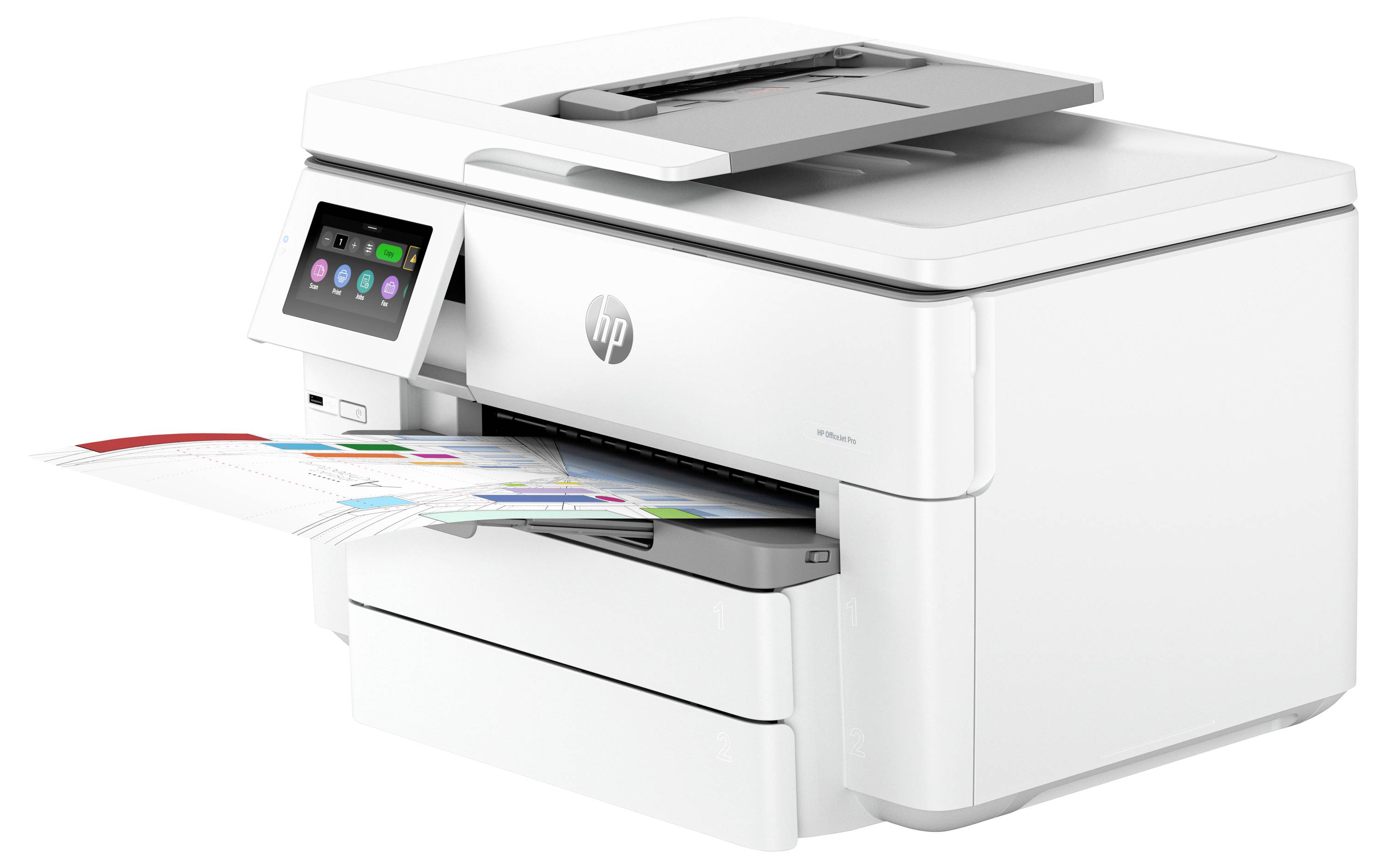 Weißer HP Multifunktionsdrucker/Scanner mit Touchscreen-Bedienfeld und Papierausgabeschacht mit farbigem Dokument.