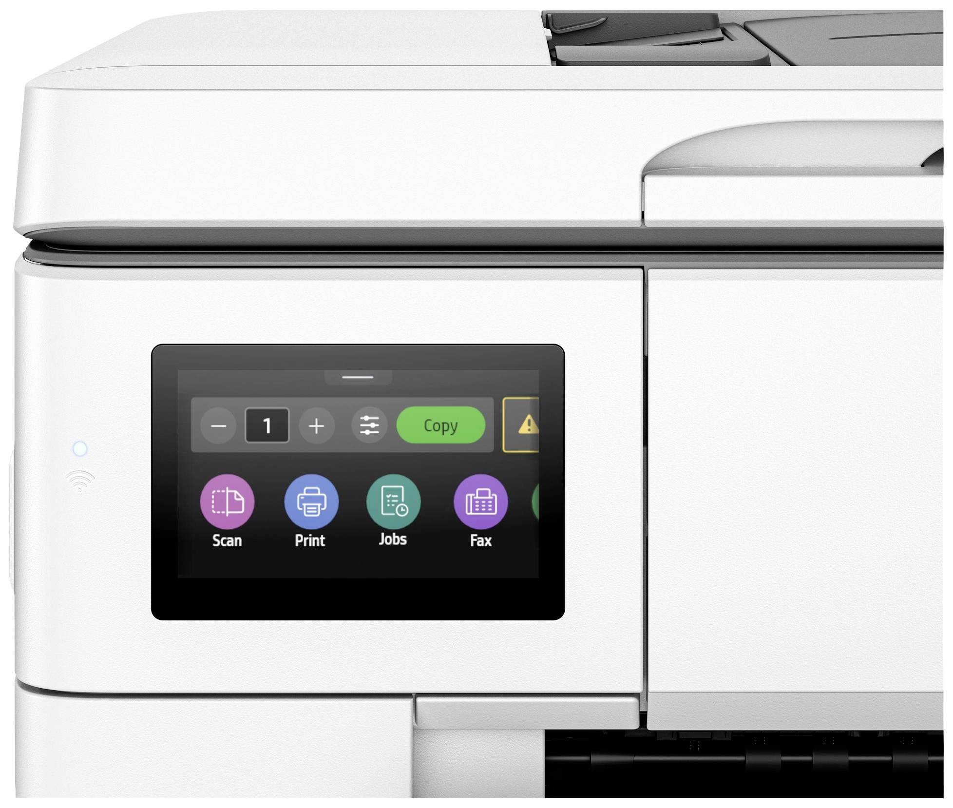 Weiße Multifunktionsdrucker mit Display; zeigt Optionen für 'Scannen', 'Drucken', 'Aufträge' und 'Faxen' mit Symbolen.