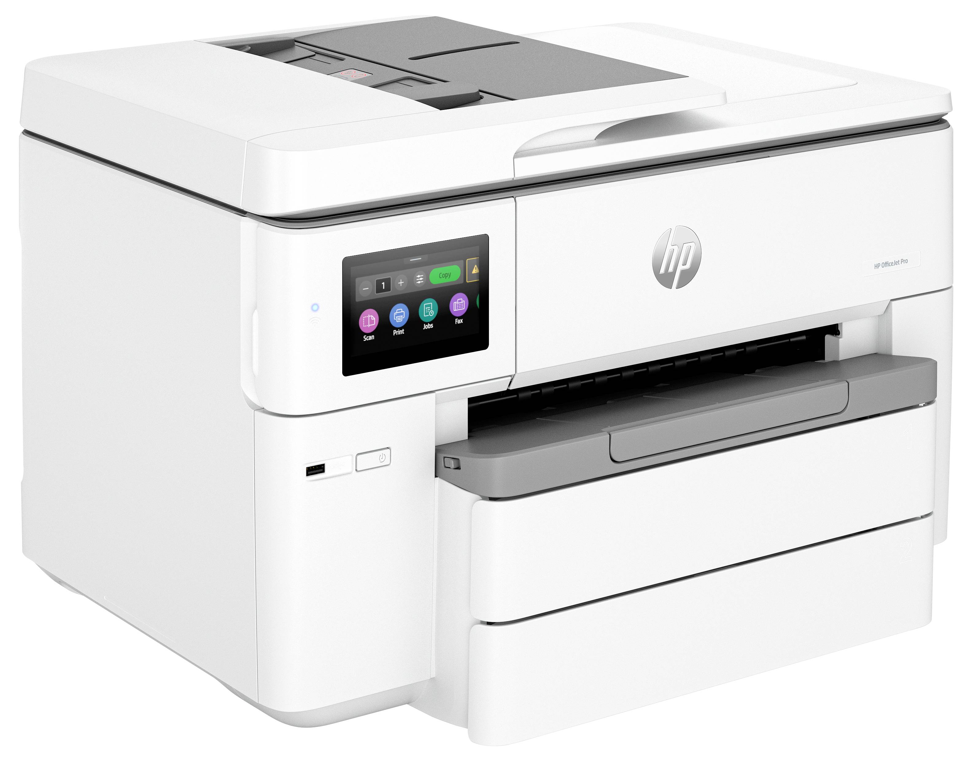 Weißer HP All-in-One-Drucker mit Touchscreen-Bedienfeld und Papierfach.